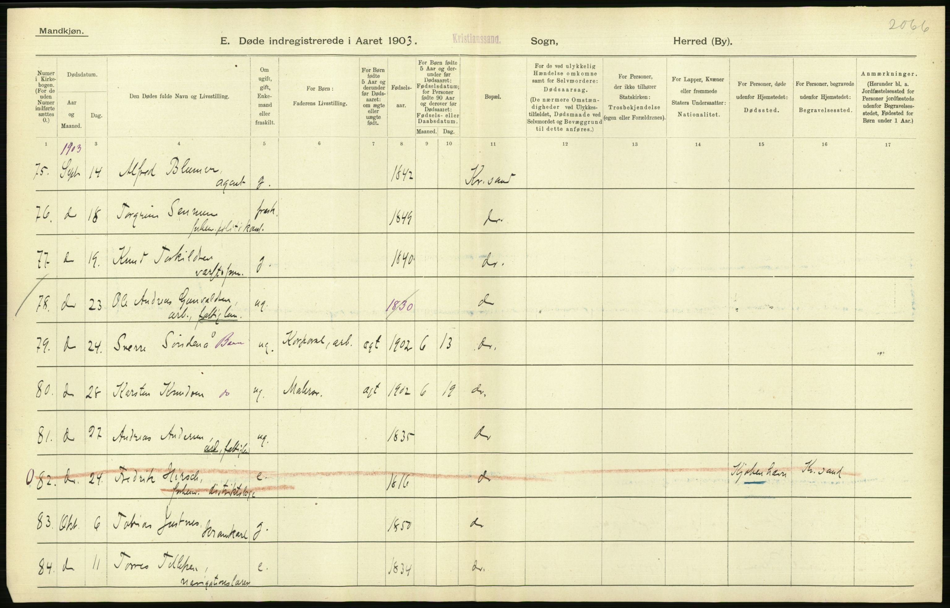 Statistisk sentralbyrå, Sosiodemografiske emner, Befolkning, AV/RA-S-2228/D/Df/Dfa/Dfaa/L0011: Lister og Mandal amt: Fødte, gifte, døde, 1903, p. 536