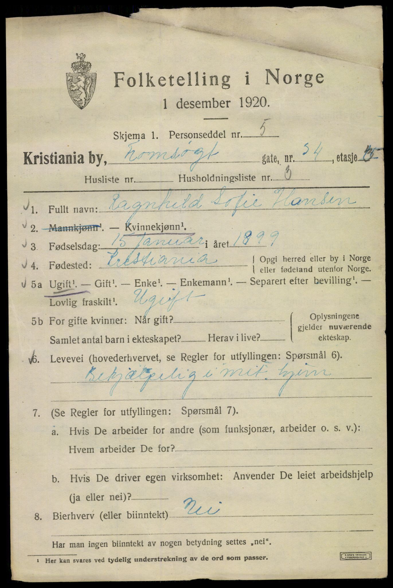 SAO, 1920 census for Kristiania, 1920, p. 598373