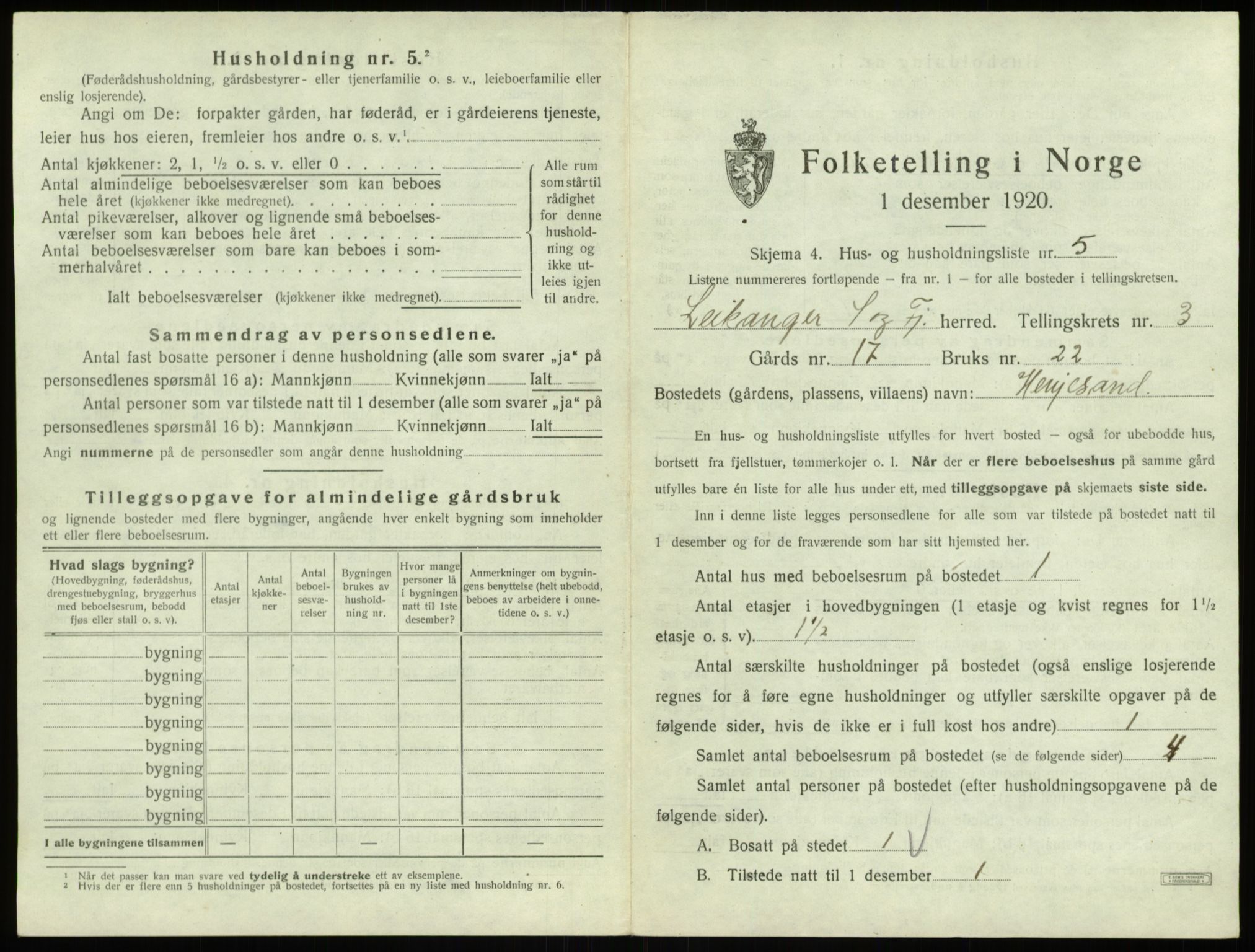 SAB, 1920 census for Leikanger, 1920, p. 286