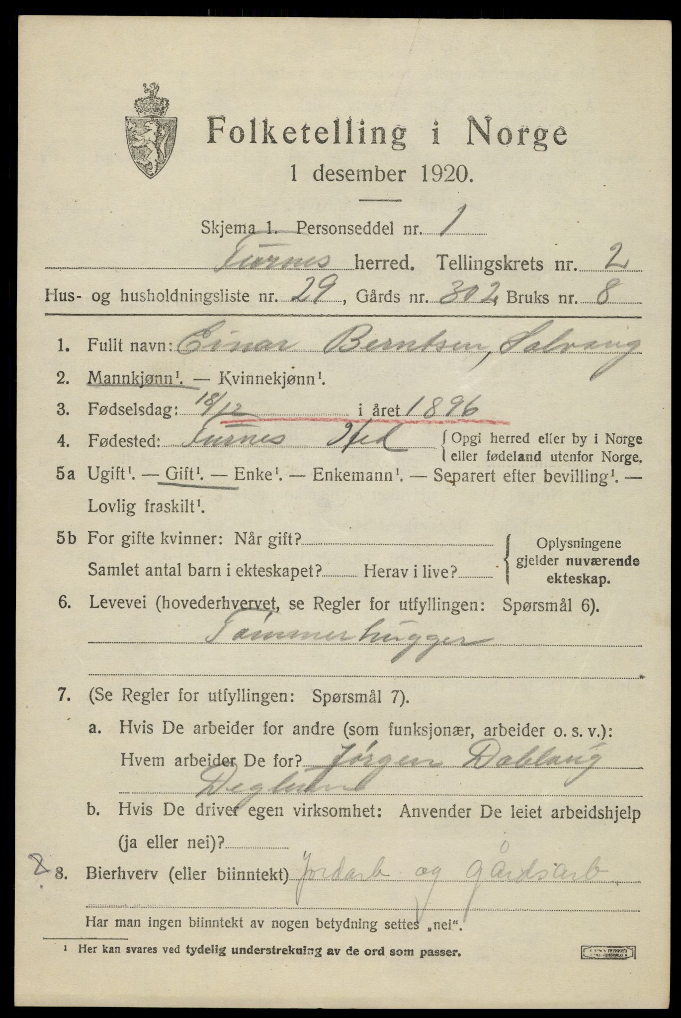 SAH, 1920 census for Furnes, 1920, p. 3391