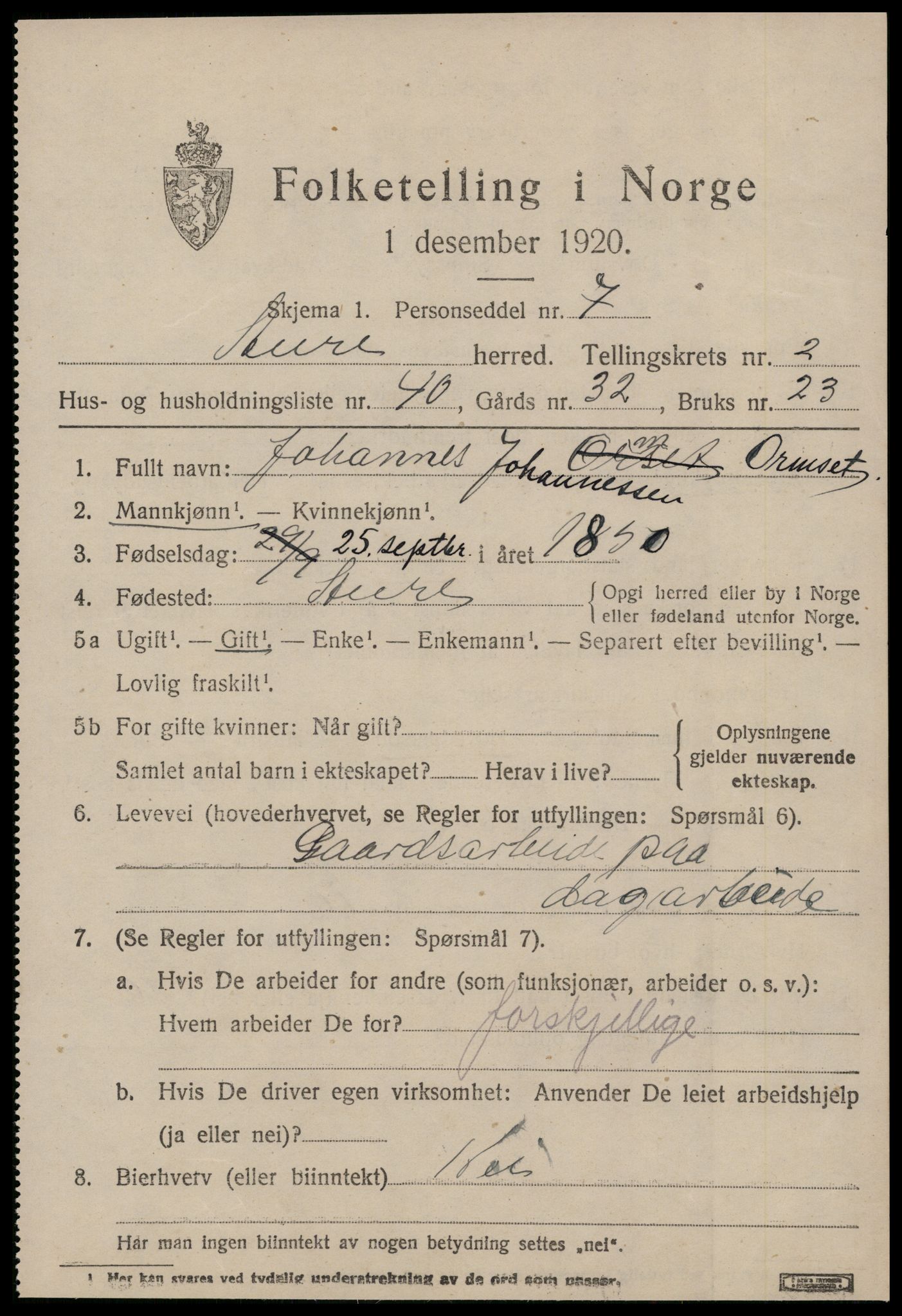 SAT, 1920 census for Aure, 1920, p. 1608