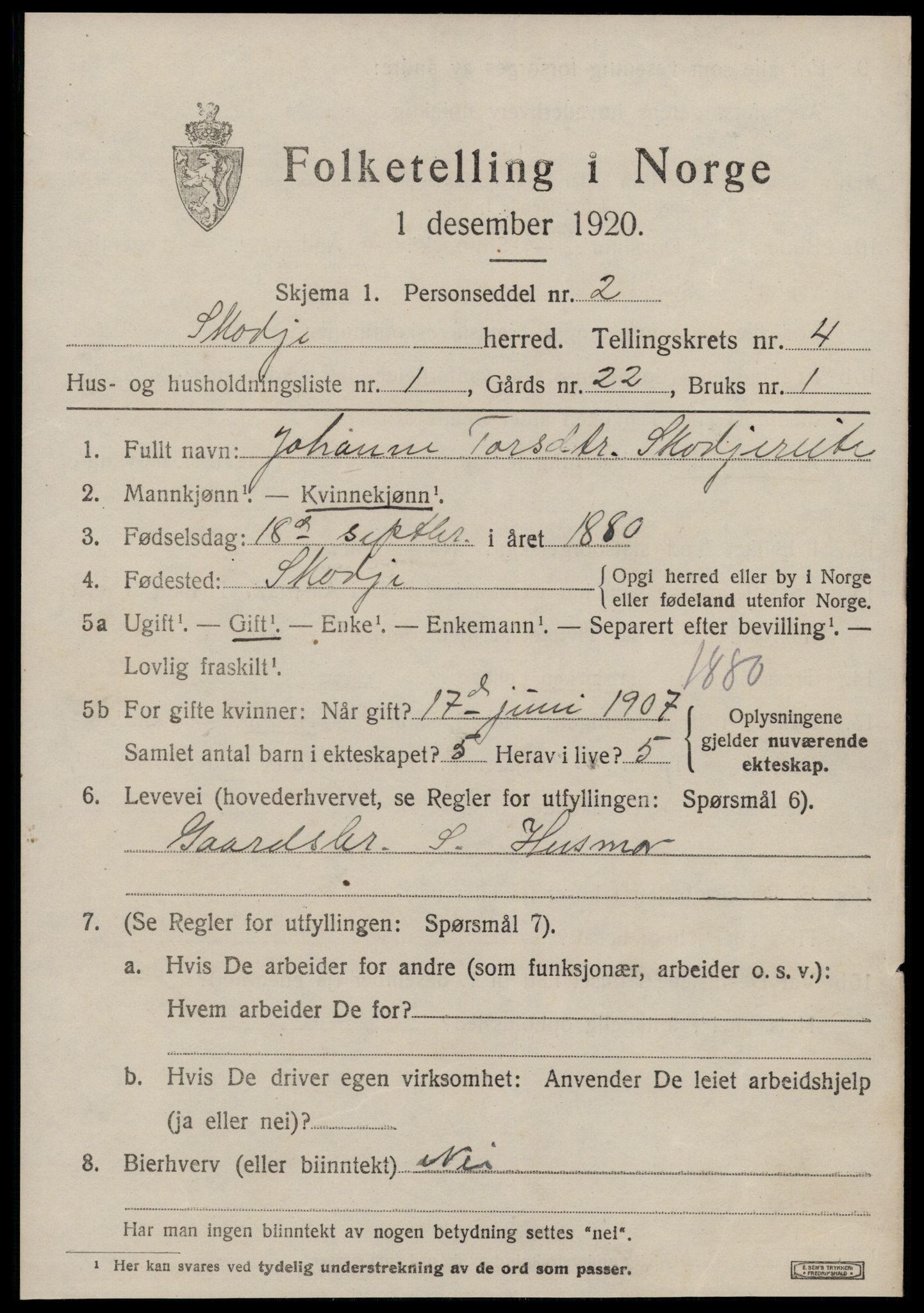 SAT, 1920 census for Skodje, 1920, p. 1825