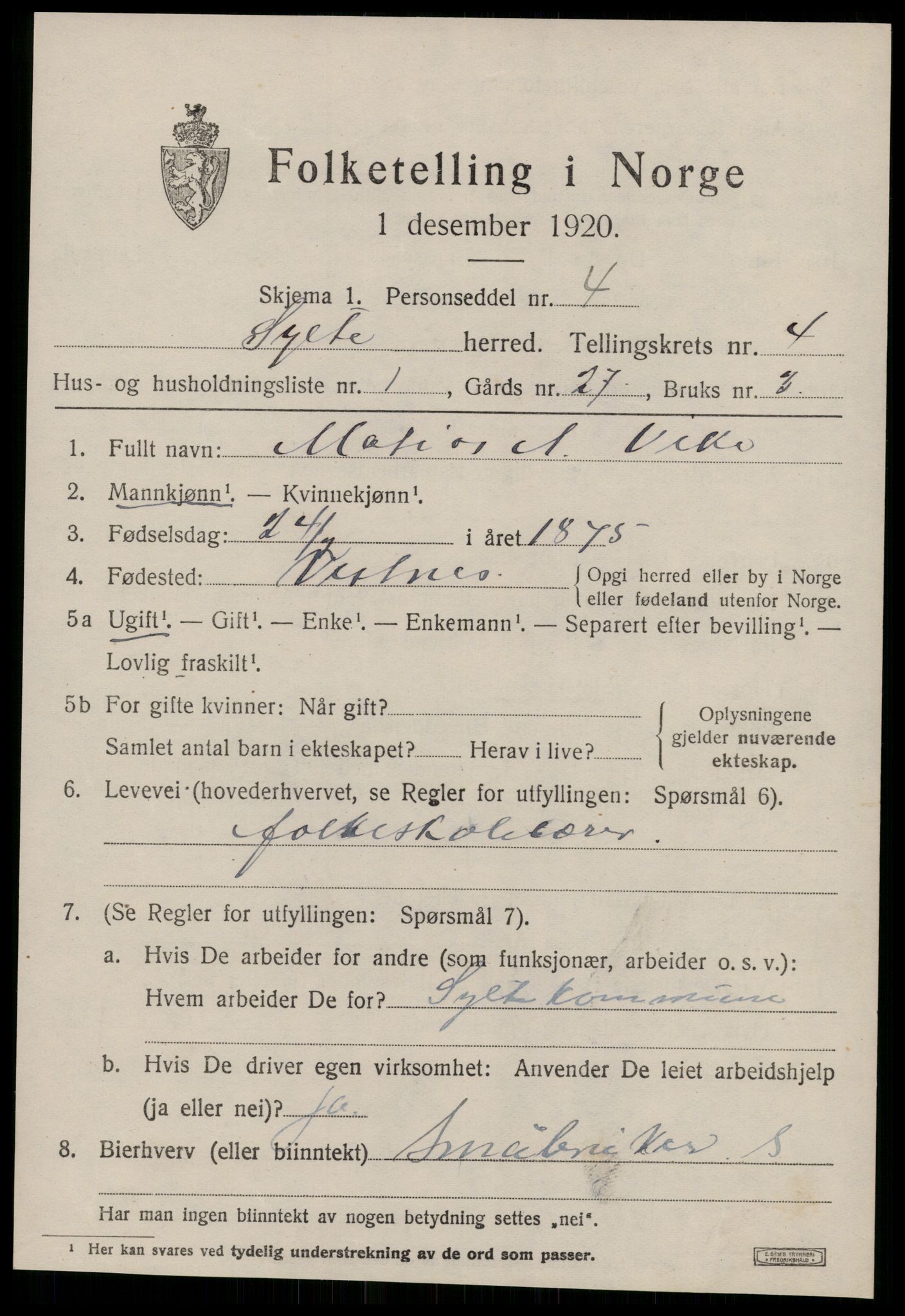 SAT, 1920 census for Sylte, 1920, p. 2615