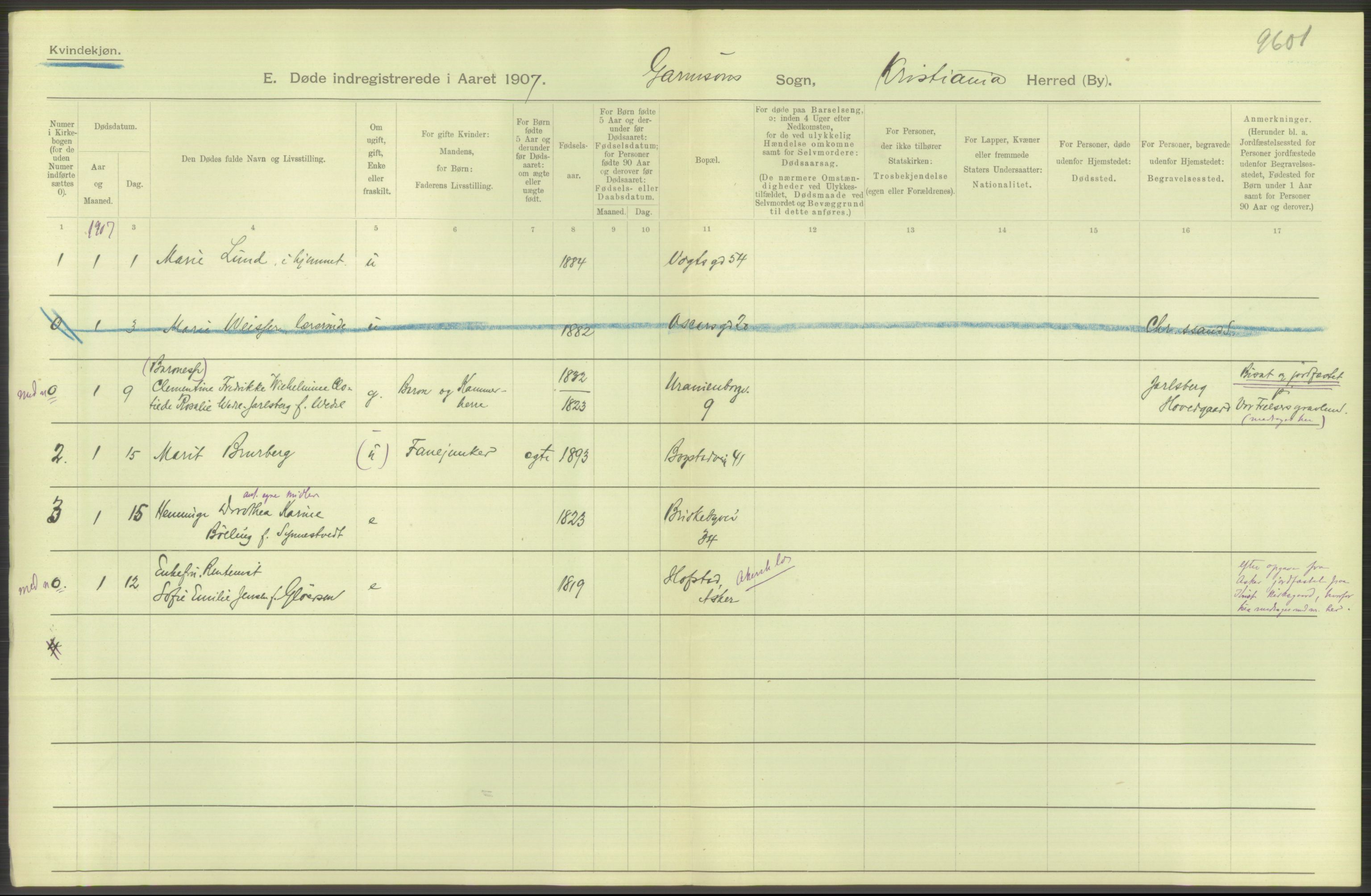 Statistisk sentralbyrå, Sosiodemografiske emner, Befolkning, RA/S-2228/D/Df/Dfa/Dfae/L0009: Kristiania: Døde, 1907, p. 596