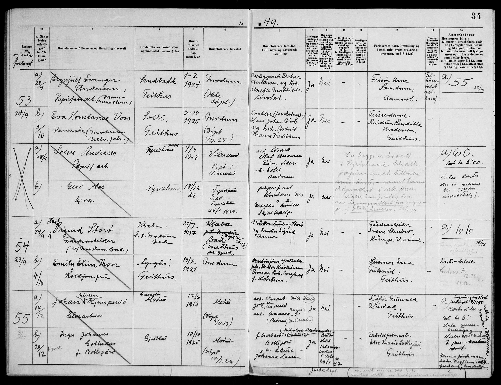 Modum kirkebøker, AV/SAKO-A-234/H/Ha/L0005: Banns register no. I 5, 1949-1953, p. 34