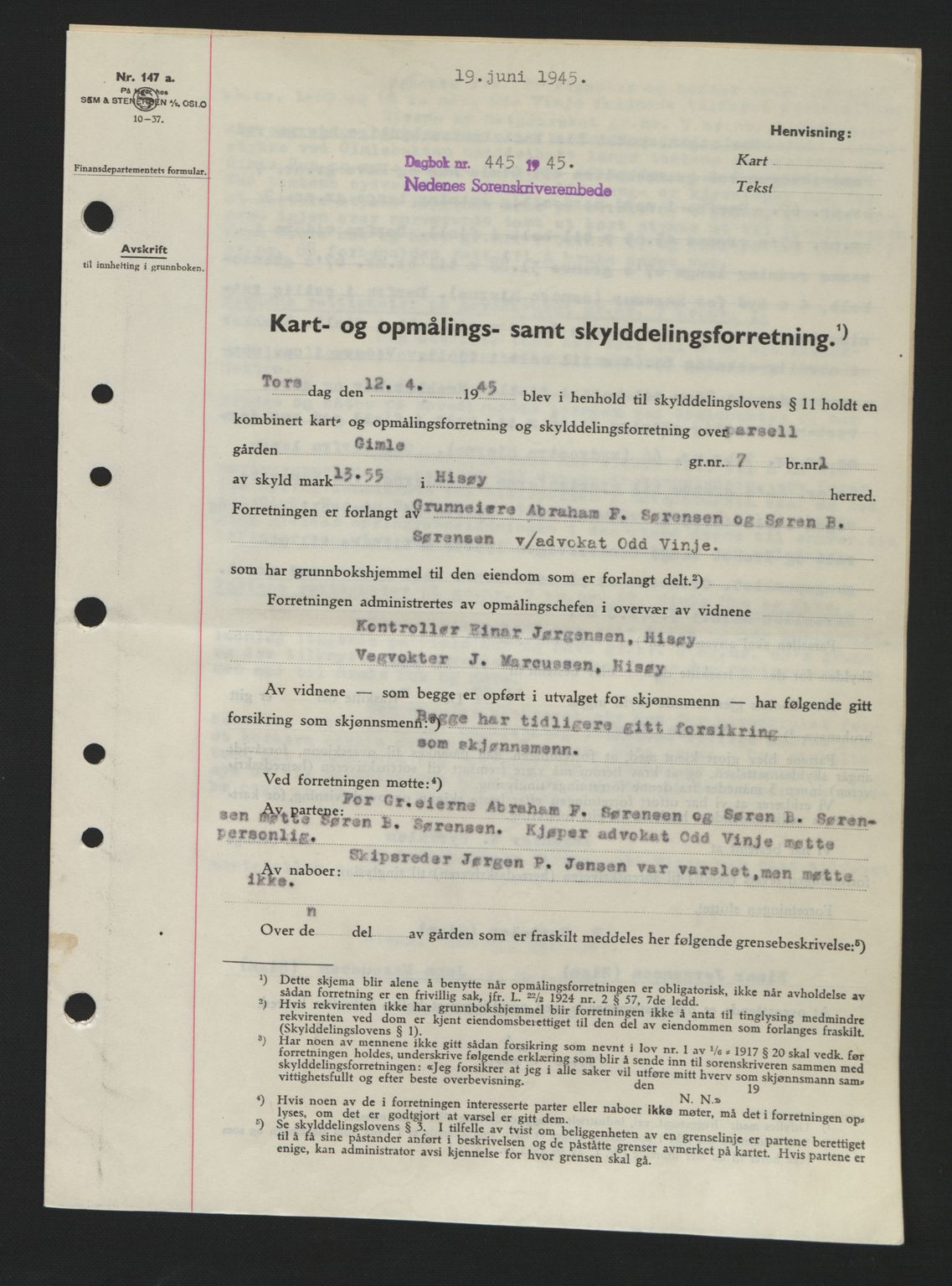 Nedenes sorenskriveri, SAK/1221-0006/G/Gb/Gba/L0052: Mortgage book no. A6a, 1944-1945, Diary no: : 445/1945