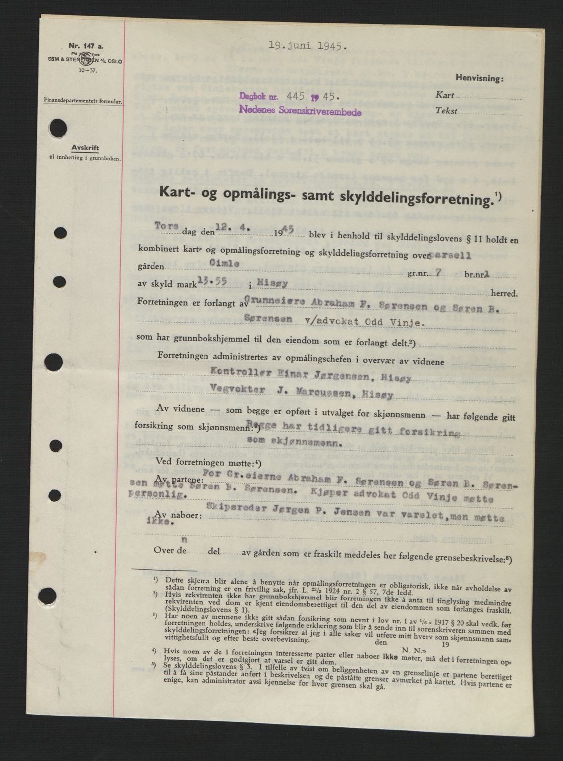 Nedenes sorenskriveri, AV/SAK-1221-0006/G/Gb/Gba/L0052: Mortgage book no. A6a, 1944-1945, Diary no: : 445/1945