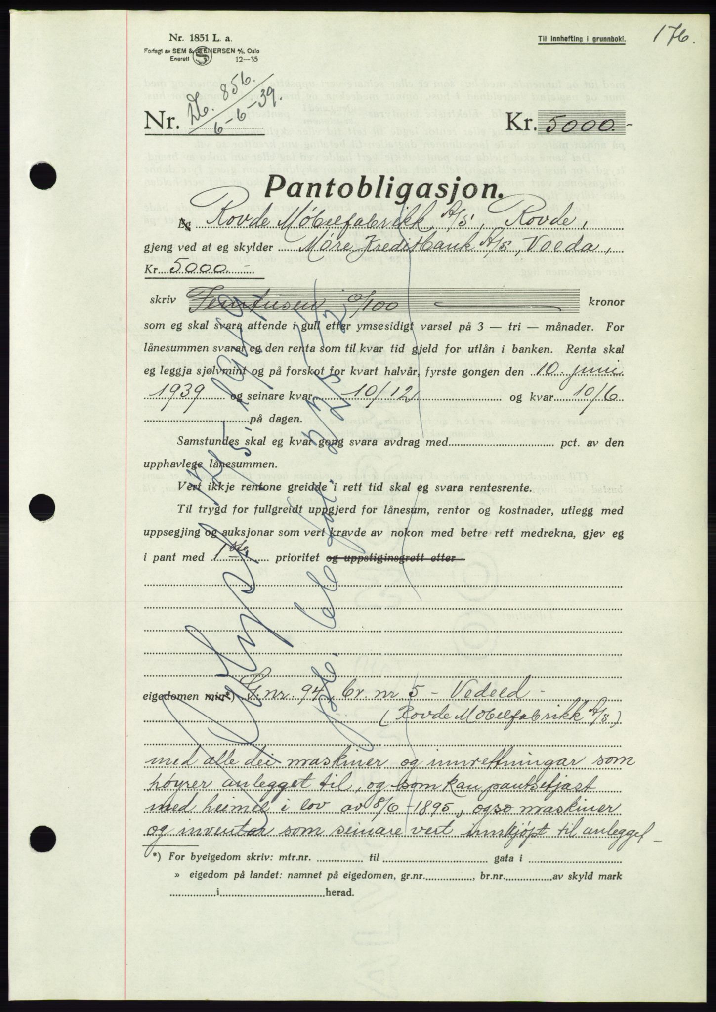 Søre Sunnmøre sorenskriveri, AV/SAT-A-4122/1/2/2C/L0068: Mortgage book no. 62, 1939-1939, Diary no: : 856/1939