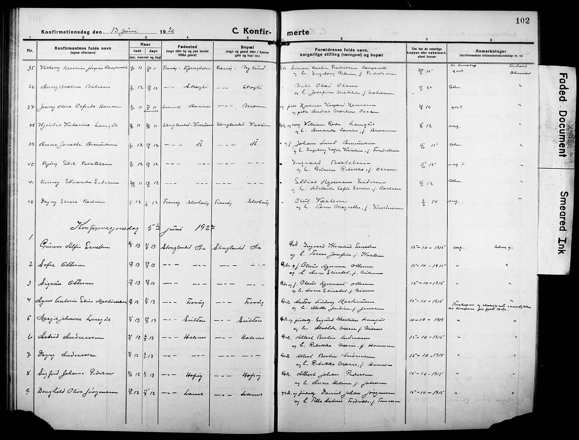 Tranøy sokneprestkontor, SATØ/S-1313/I/Ia/Iab/L0006klokker: Parish register (copy) no. 6, 1919-1932, p. 102
