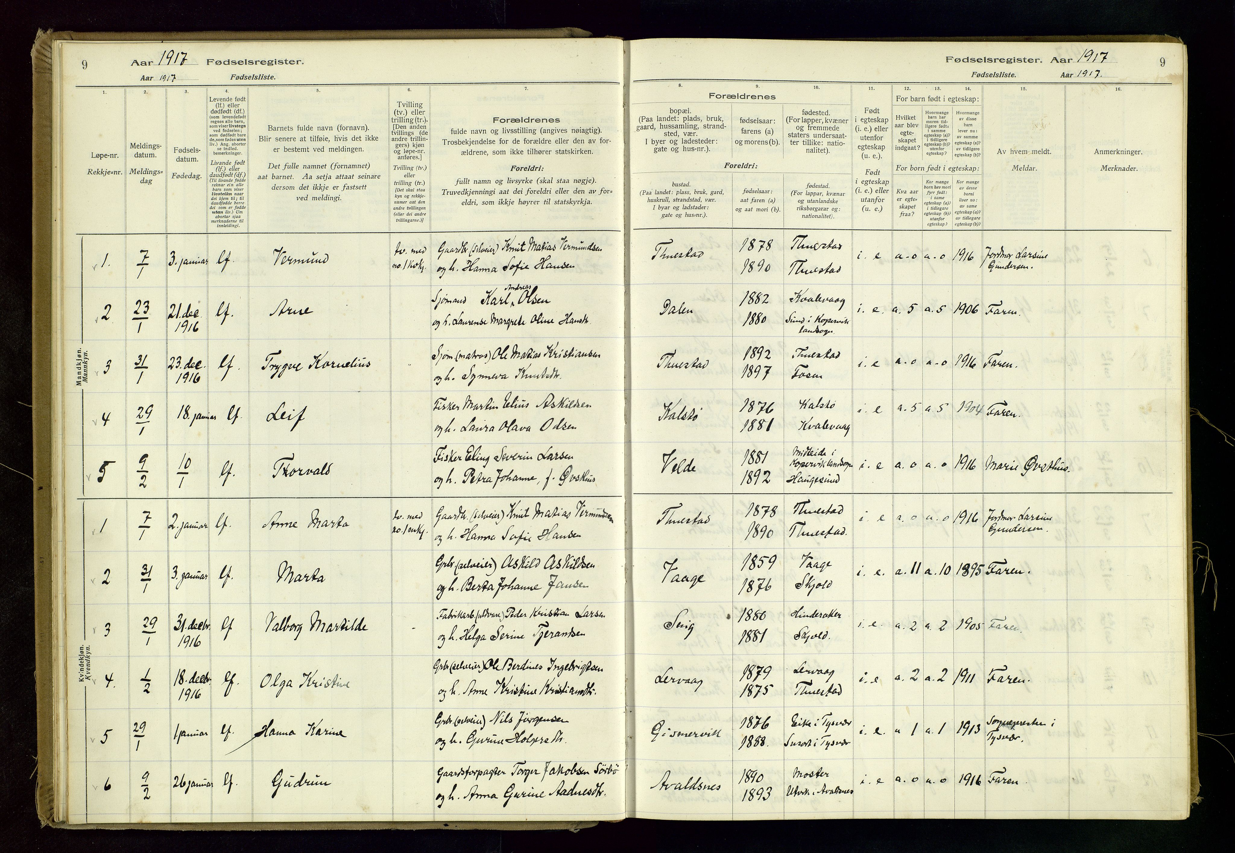 Avaldsnes sokneprestkontor, SAST/A -101851/I/Id/L0001: Birth register no. 1, 1916-1946, p. 9
