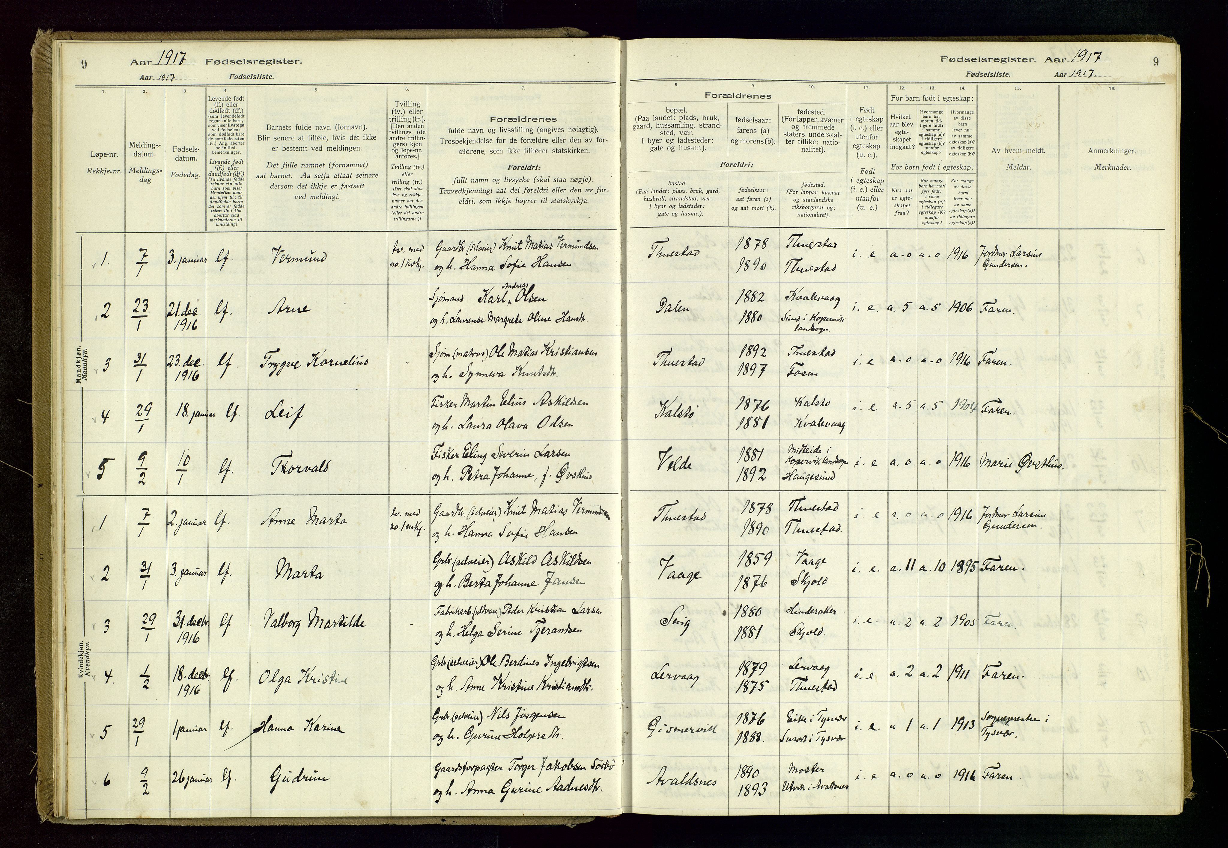 Avaldsnes sokneprestkontor, AV/SAST-A -101851/I/Id/L0001: Birth register no. 1, 1916-1946, p. 9