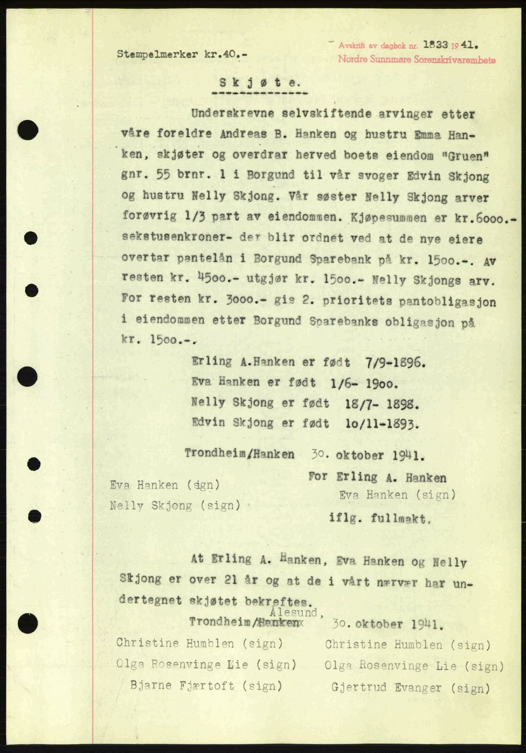 Nordre Sunnmøre sorenskriveri, AV/SAT-A-0006/1/2/2C/2Ca: Mortgage book no. A12, 1941-1942, Diary no: : 1833/1941