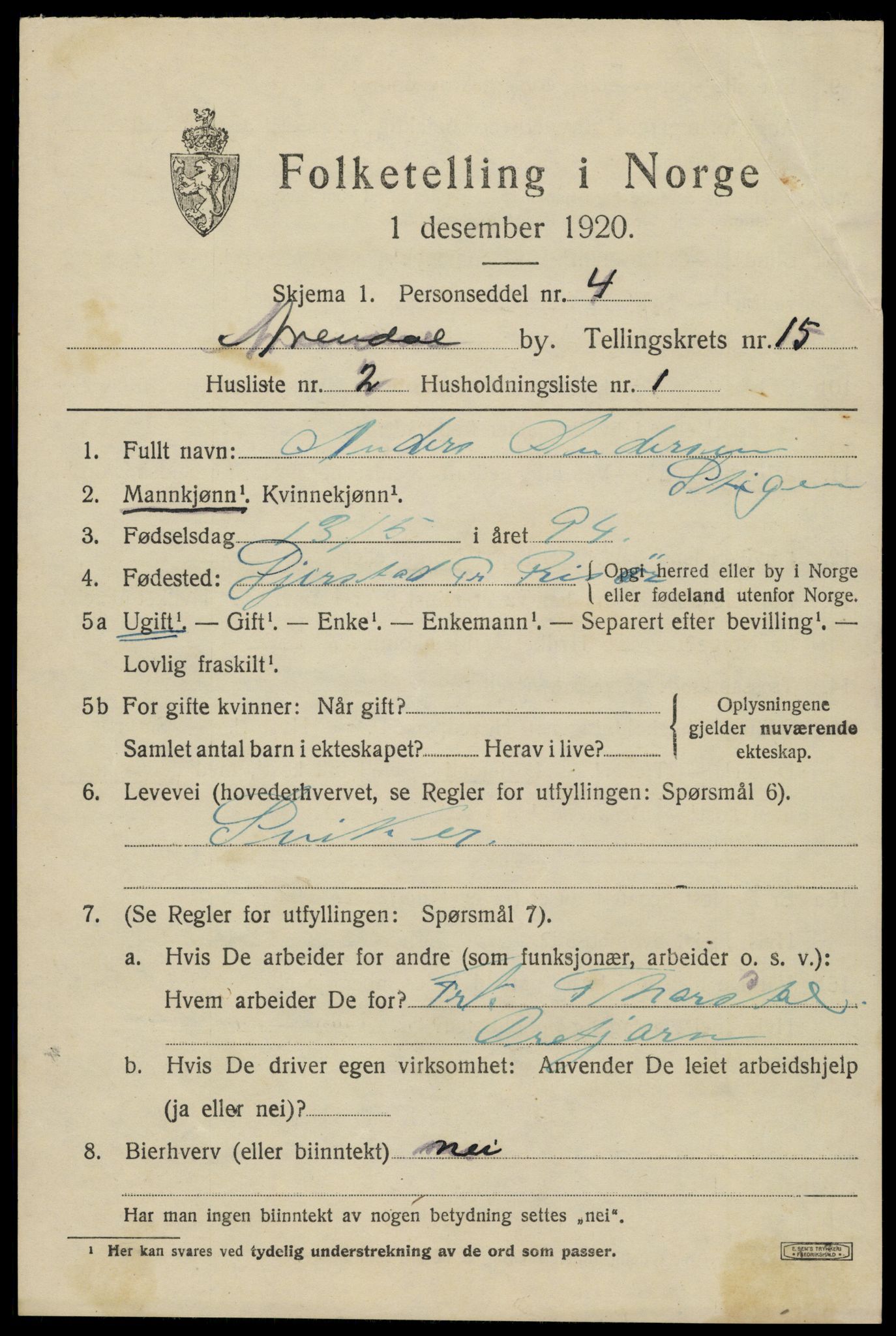 SAK, 1920 census for Arendal, 1920, p. 22336