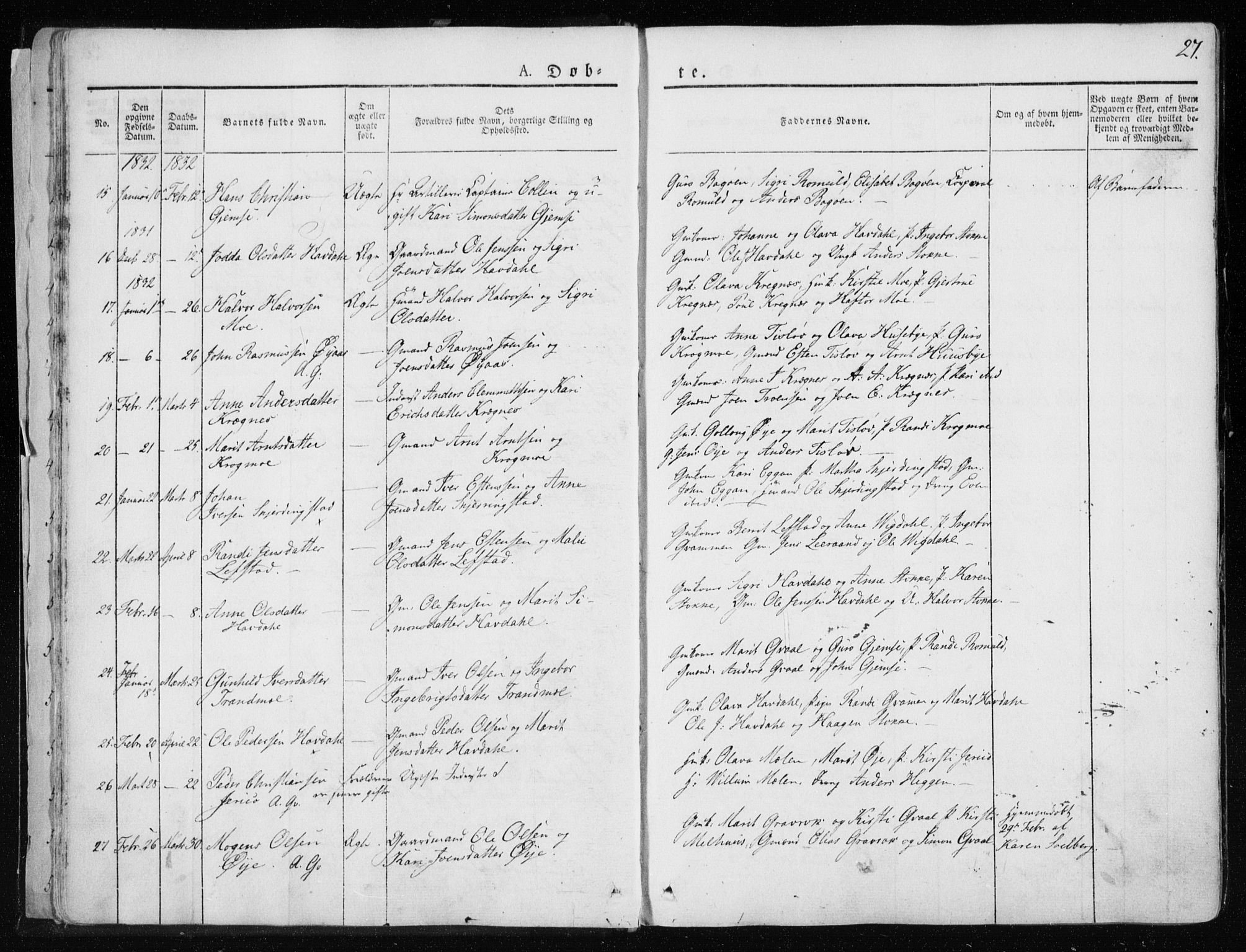 Ministerialprotokoller, klokkerbøker og fødselsregistre - Sør-Trøndelag, SAT/A-1456/691/L1069: Parish register (official) no. 691A04, 1826-1841, p. 27