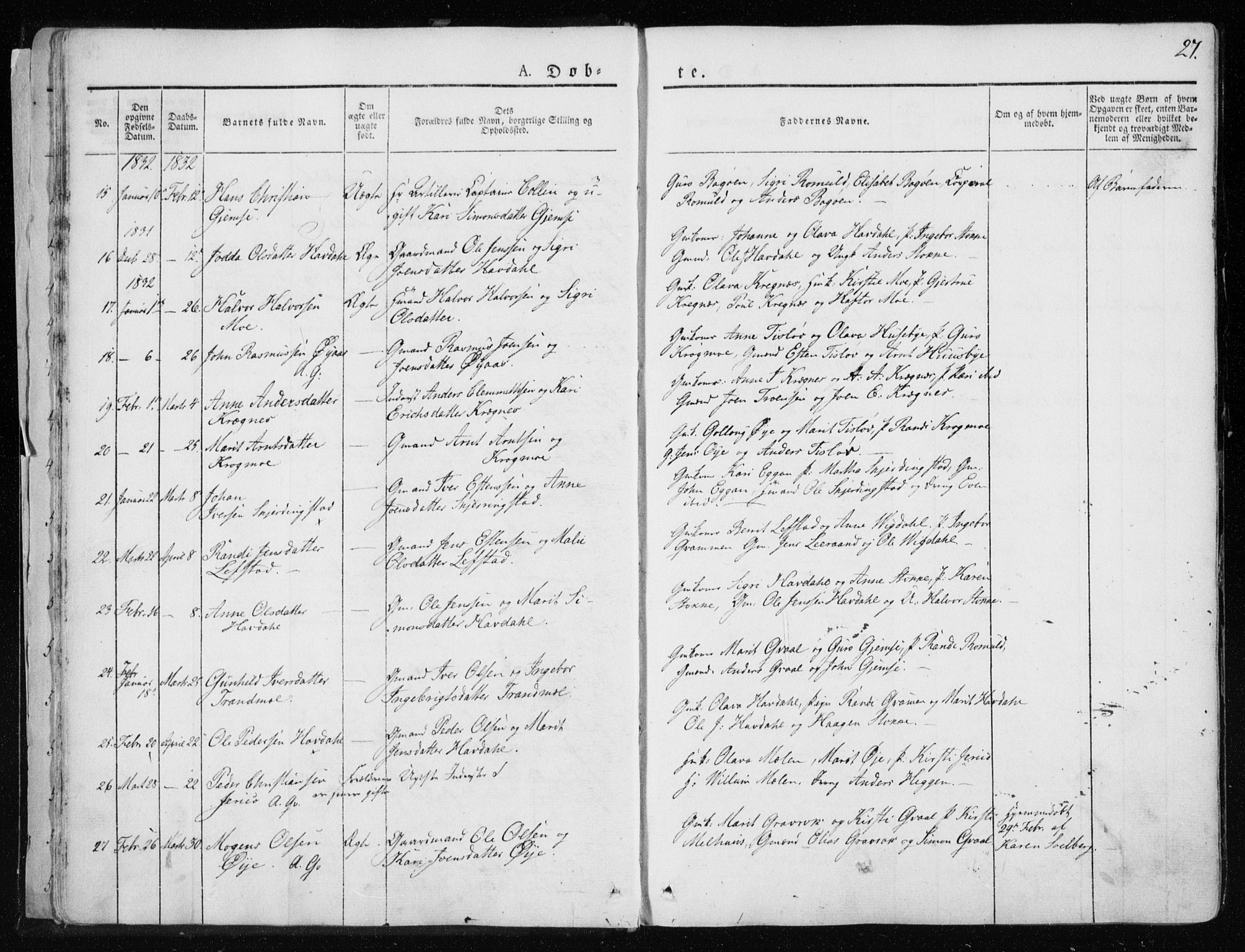 Ministerialprotokoller, klokkerbøker og fødselsregistre - Sør-Trøndelag, AV/SAT-A-1456/691/L1069: Parish register (official) no. 691A04, 1826-1841, p. 27