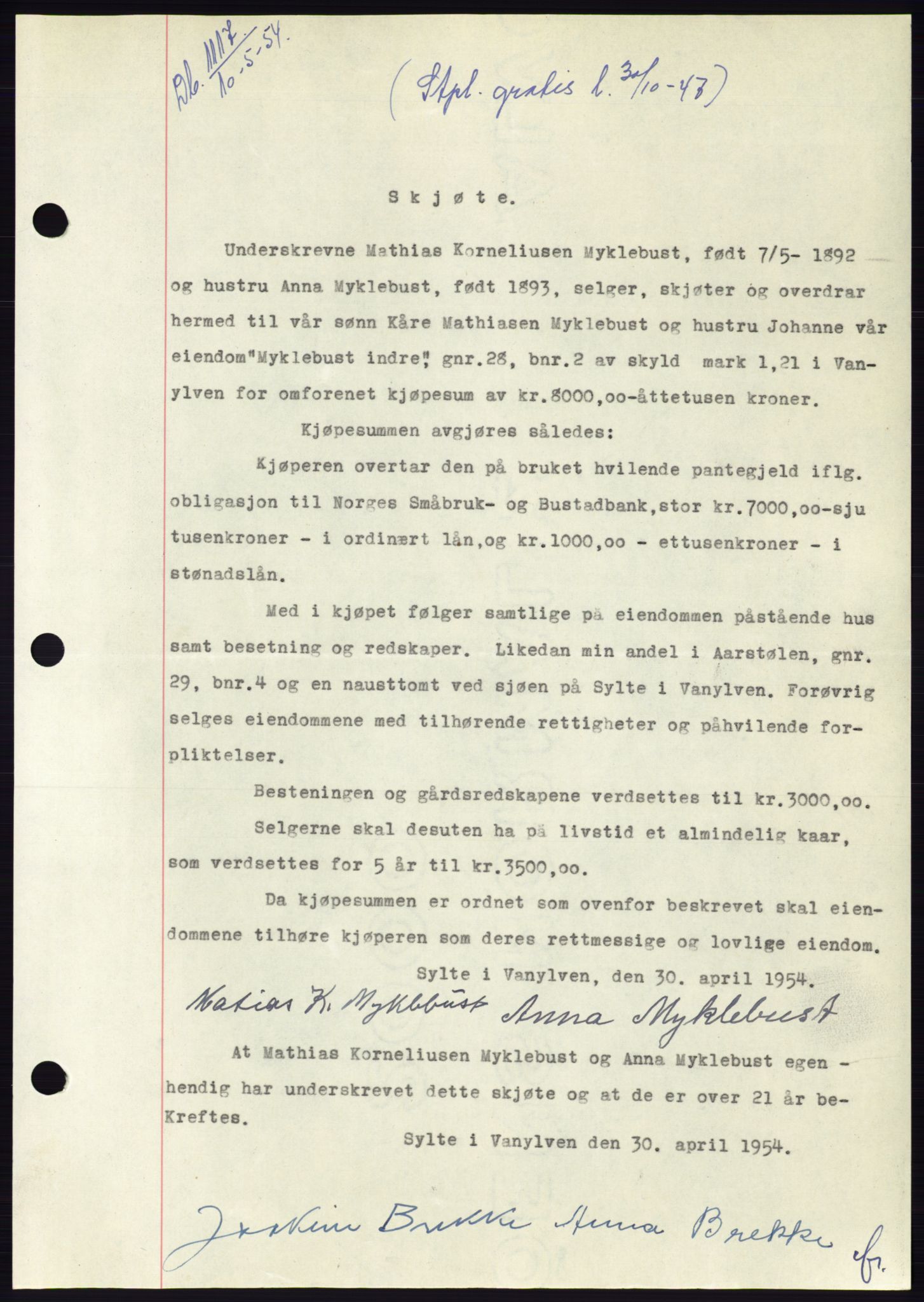 Søre Sunnmøre sorenskriveri, AV/SAT-A-4122/1/2/2C/L0097: Mortgage book no. 23A, 1954-1954, Diary no: : 1117/1954