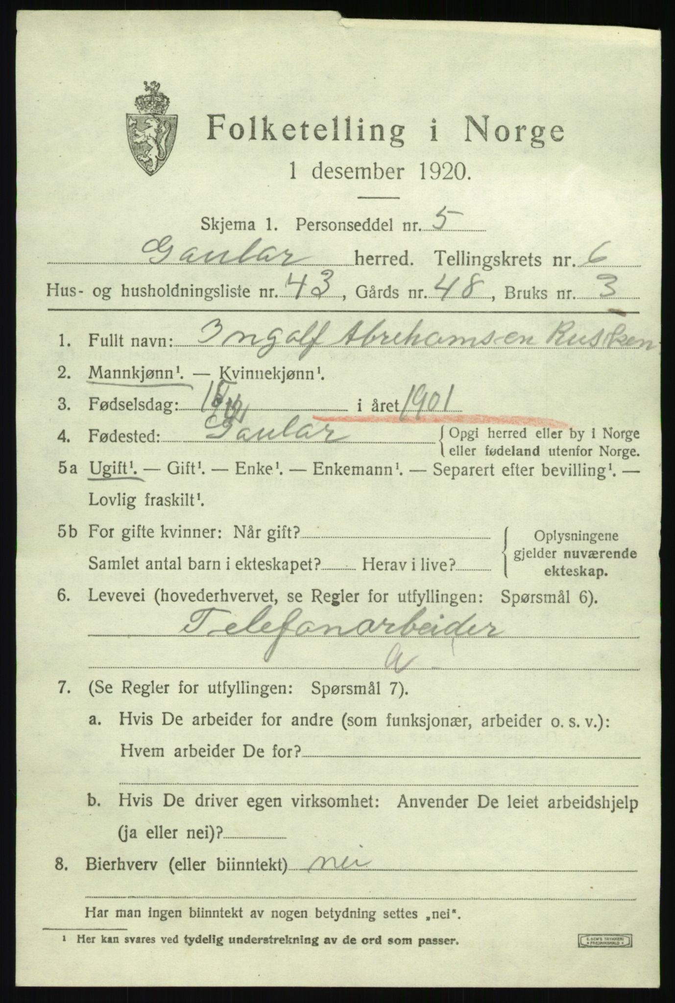 SAB, 1920 census for Gaular, 1920, p. 3430