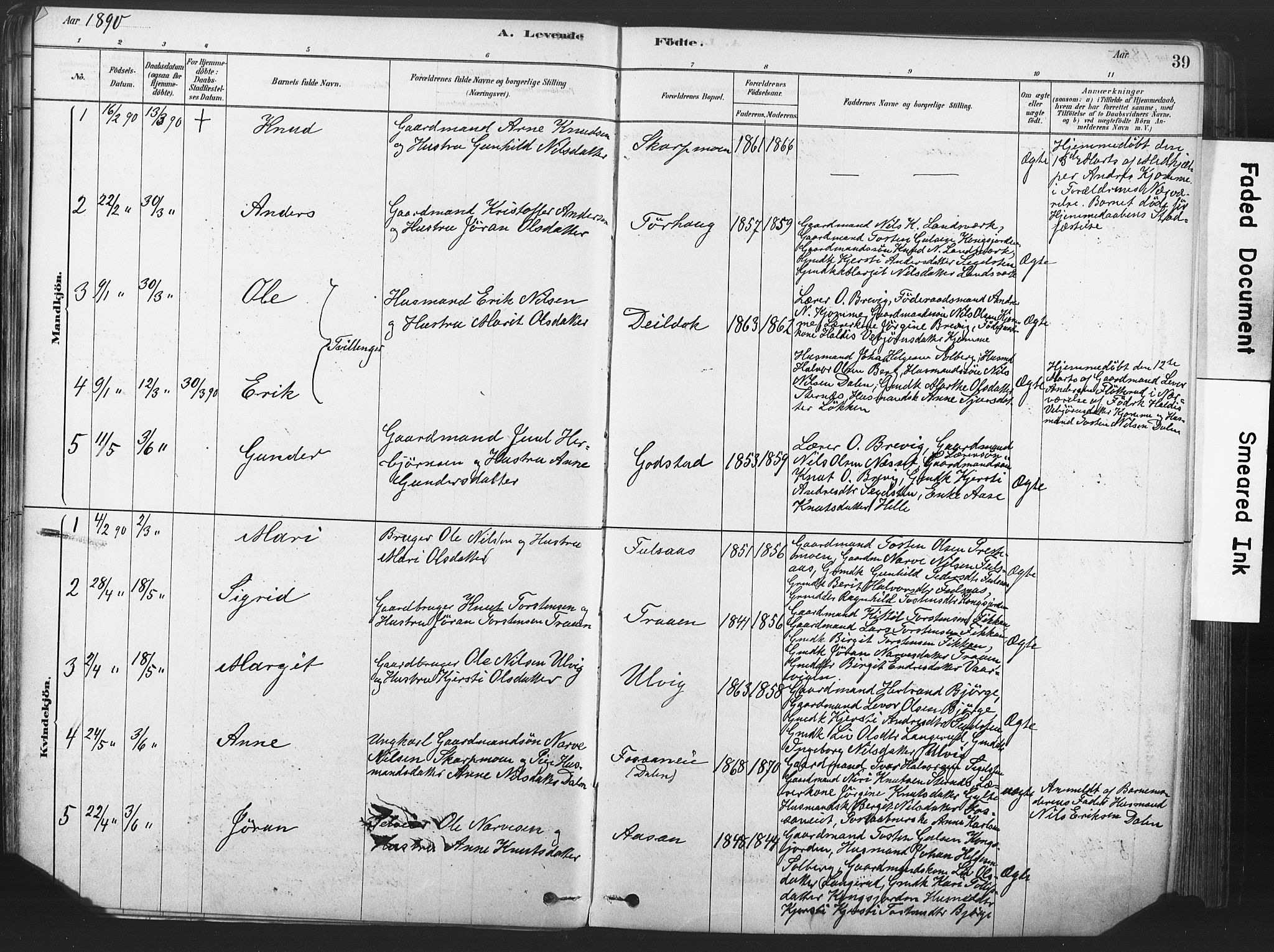 Rollag kirkebøker, SAKO/A-240/F/Fa/L0011: Parish register (official) no. I 11, 1878-1902, p. 39