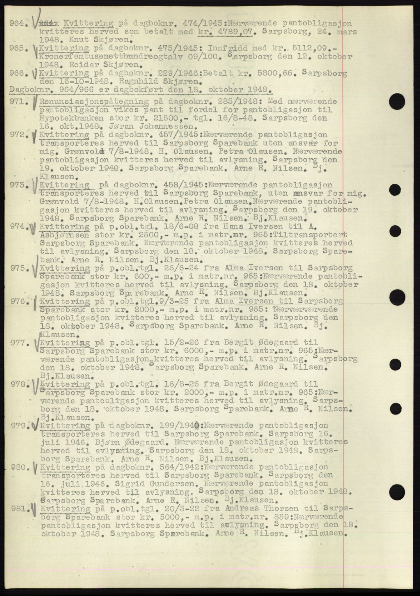 Sarpsborg byfogd, SAO/A-10864/G/Ga/Gae/L0001: Mortgage book no. C1, 1943-1951, Deed date: 18.10.1948