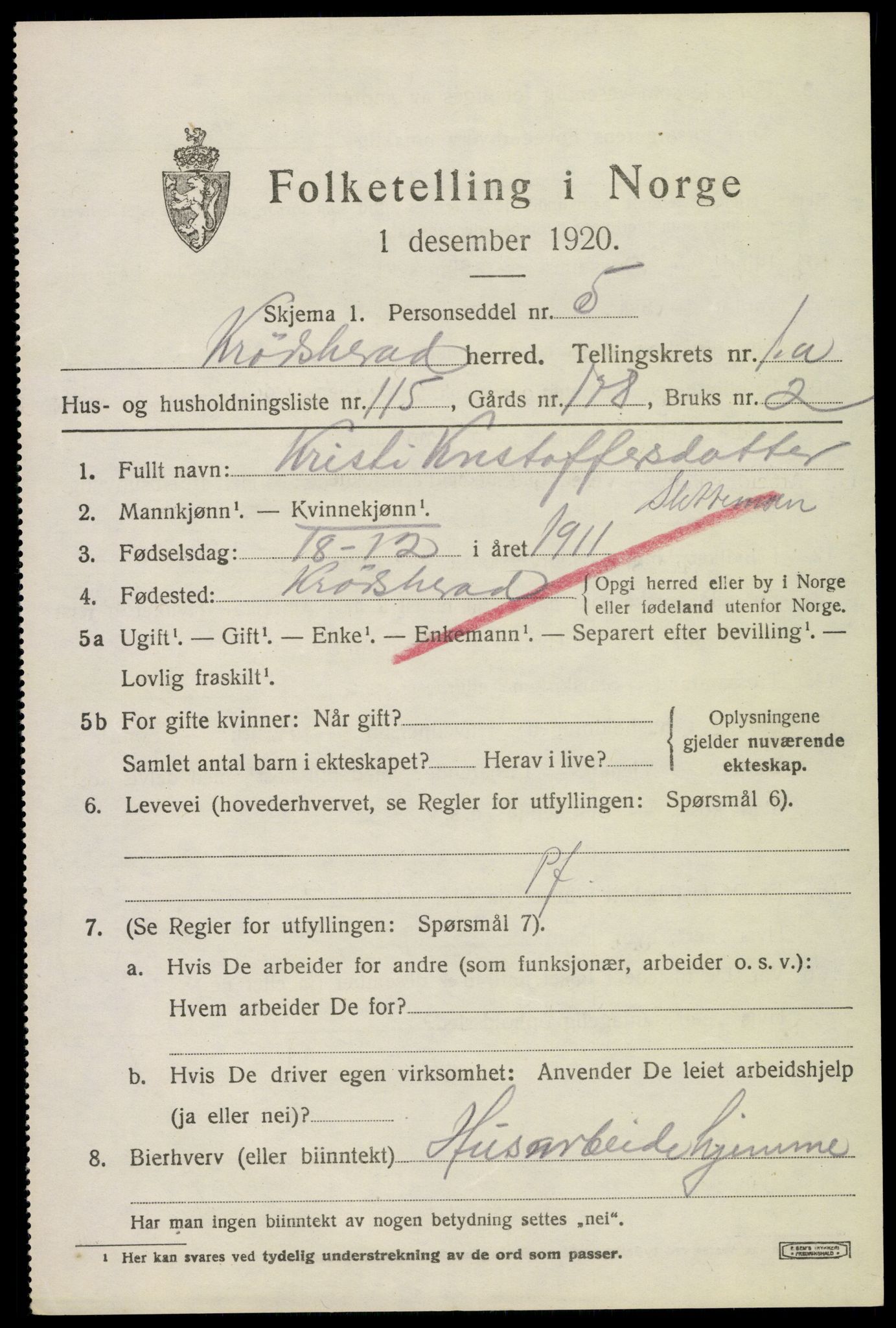 SAKO, 1920 census for Krødsherad, 1920, p. 2371