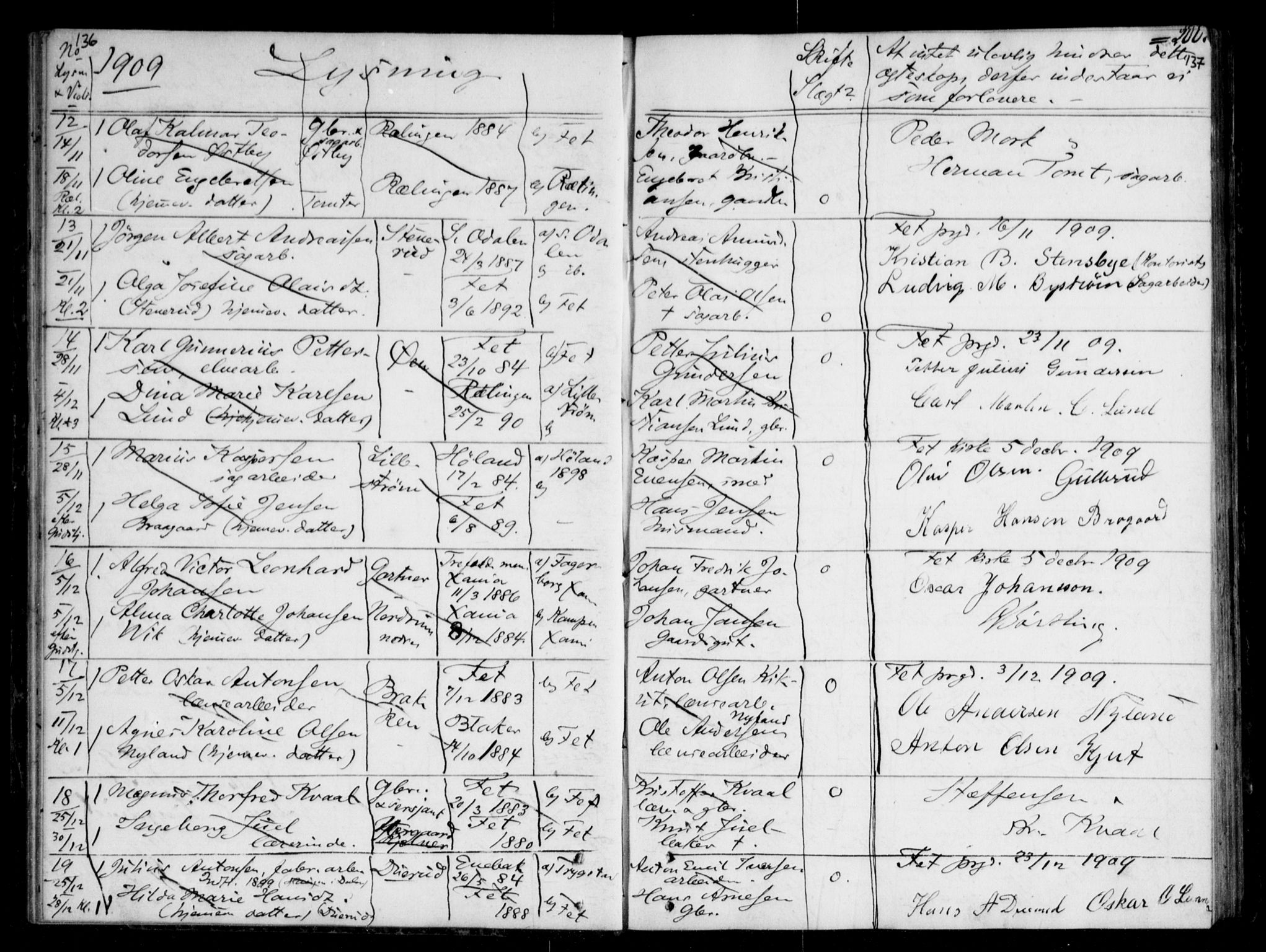 Fet prestekontor Kirkebøker, SAO/A-10370a/H/Ha/L0001: Banns register no. 1, 1906-1919, p. 136-137