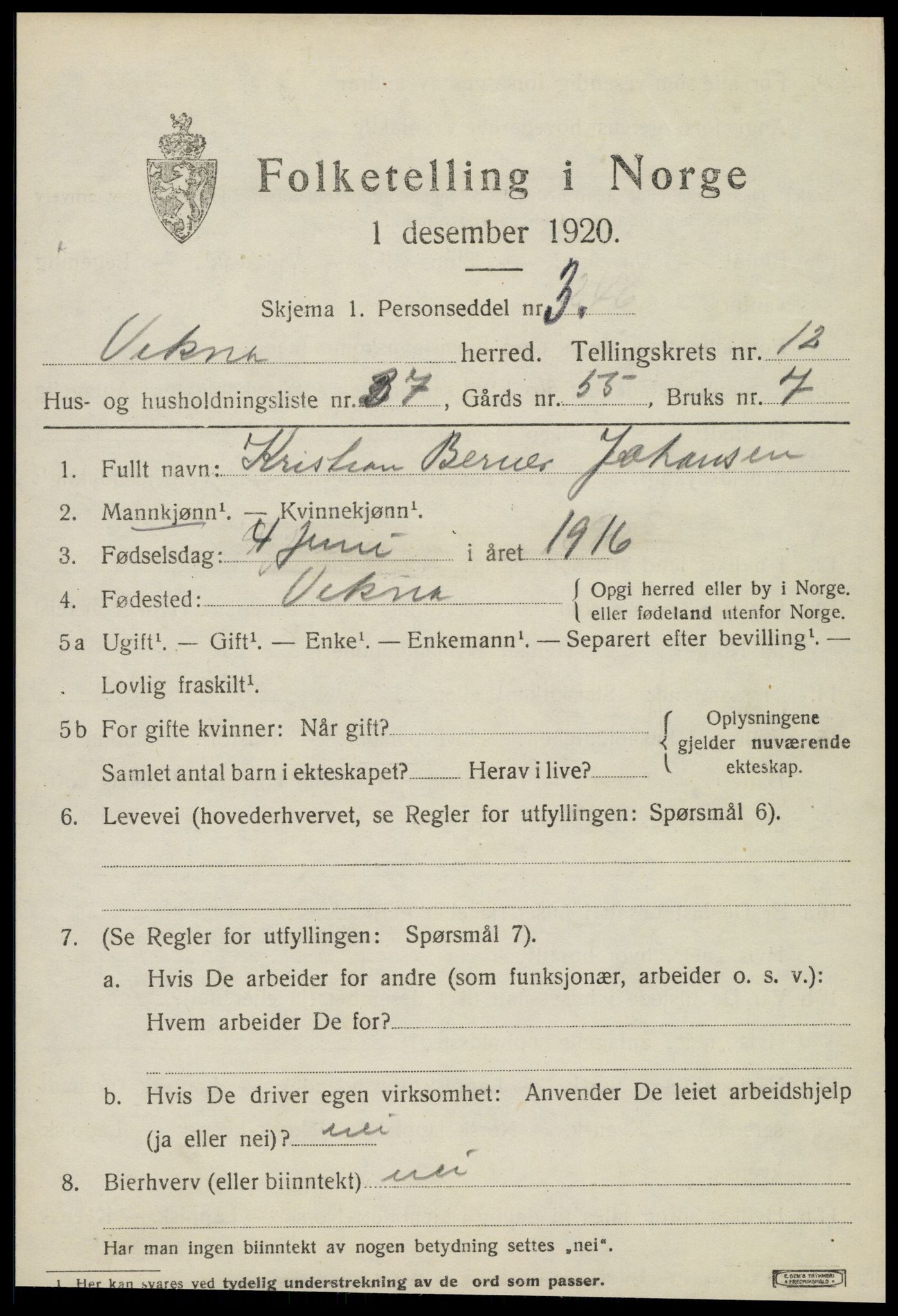 SAT, 1920 census for Vikna, 1920, p. 8211