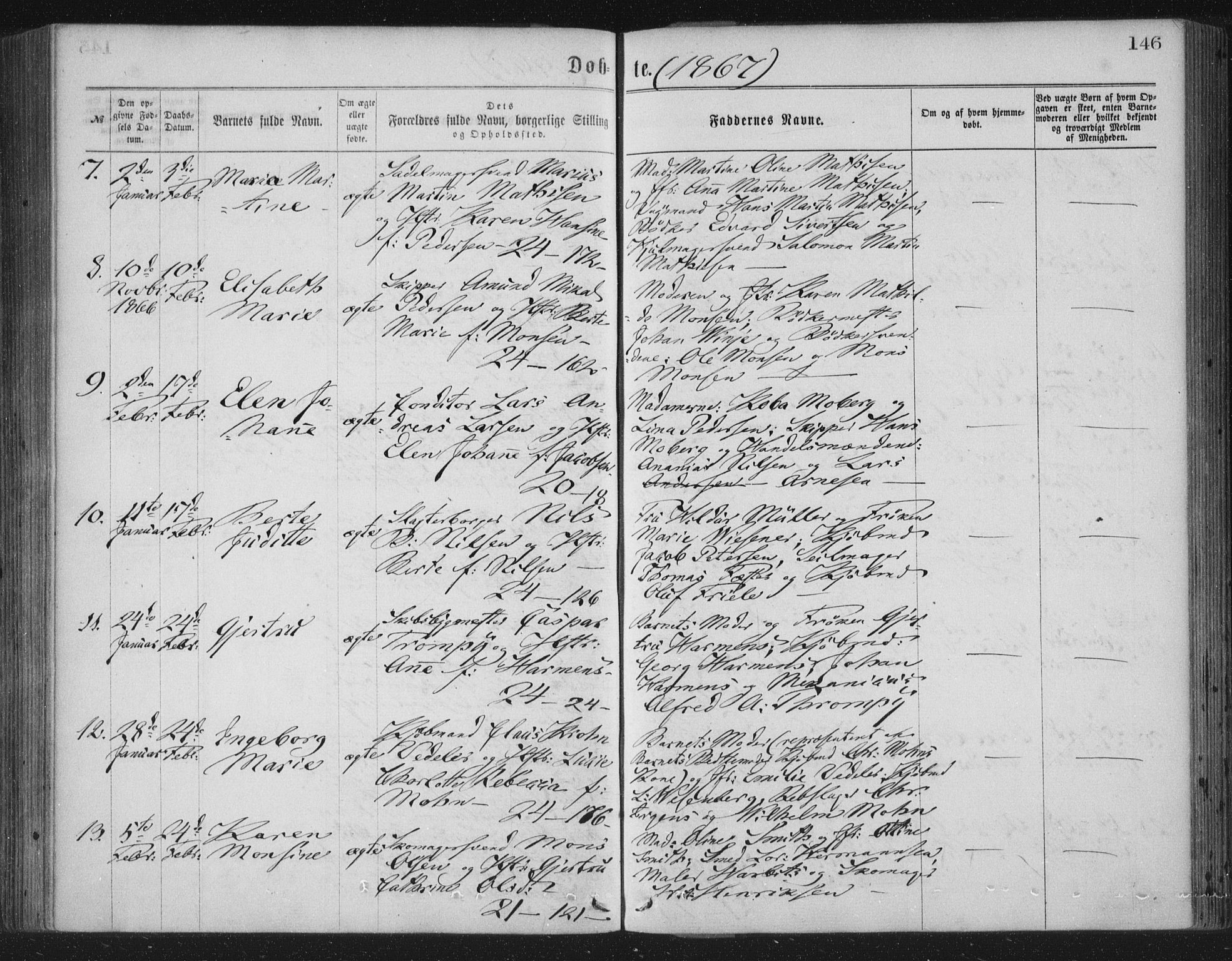 Korskirken sokneprestembete, AV/SAB-A-76101/H/Haa/L0019: Parish register (official) no. B 5, 1866-1871, p. 146