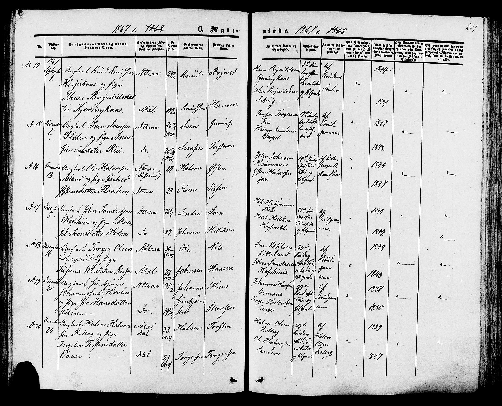 Tinn kirkebøker, SAKO/A-308/F/Fa/L0006: Parish register (official) no. I 6, 1857-1878, p. 261