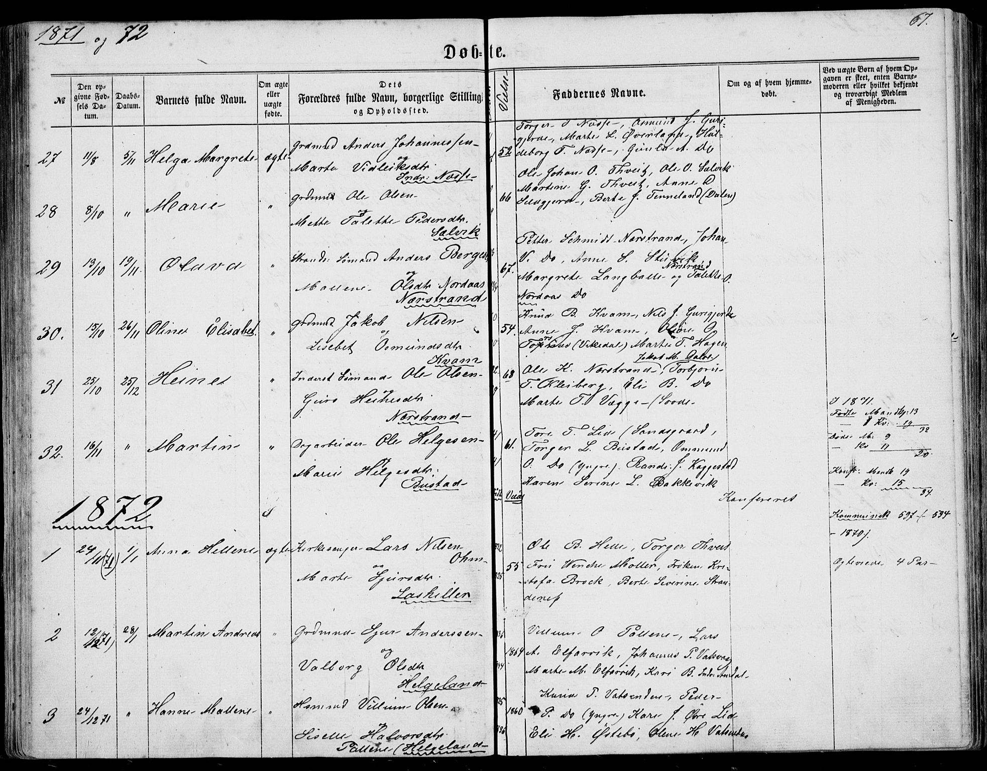 Nedstrand sokneprestkontor, SAST/A-101841/01/IV: Parish register (official) no. A 9, 1861-1876, p. 67