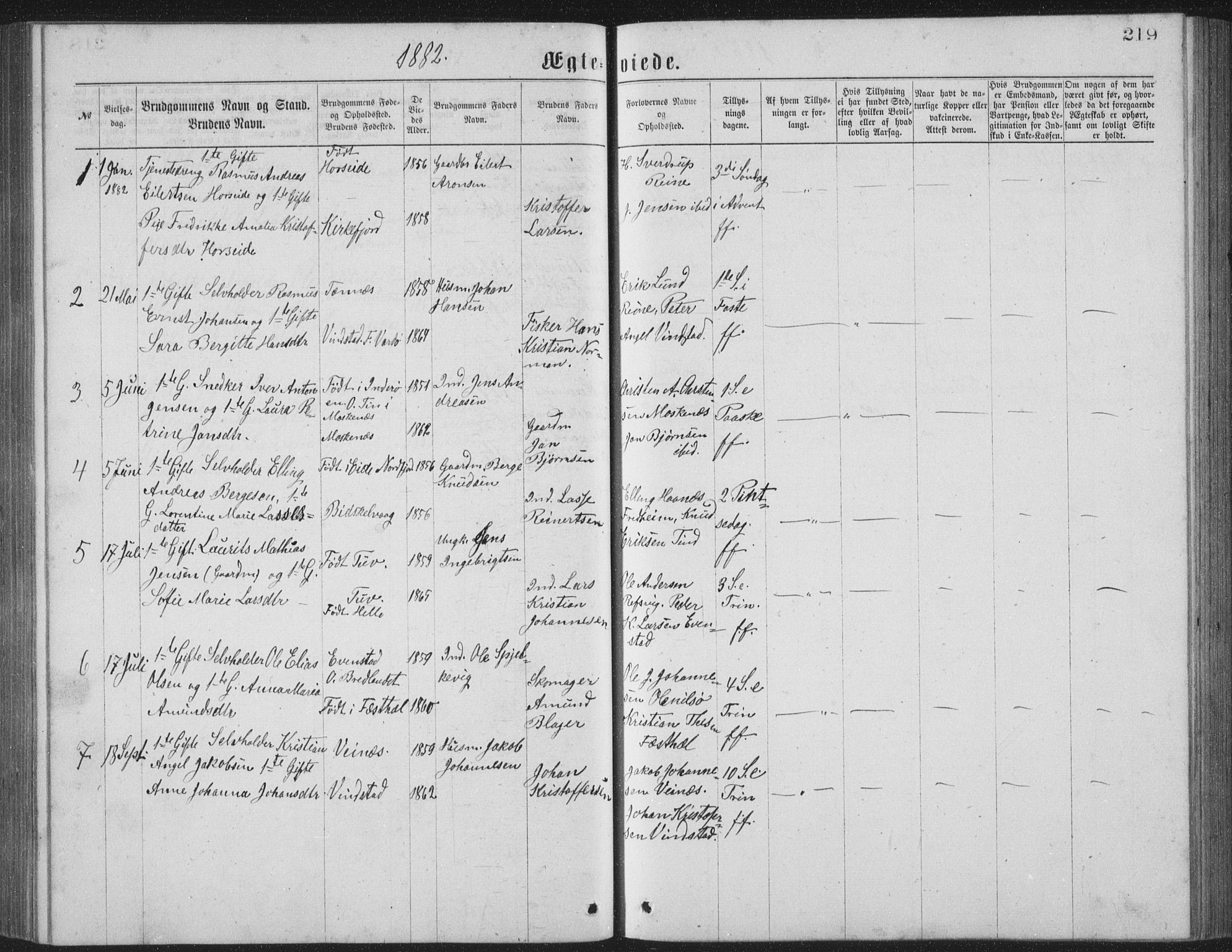 Ministerialprotokoller, klokkerbøker og fødselsregistre - Nordland, AV/SAT-A-1459/886/L1225: Parish register (copy) no. 886C02, 1874-1896, p. 219