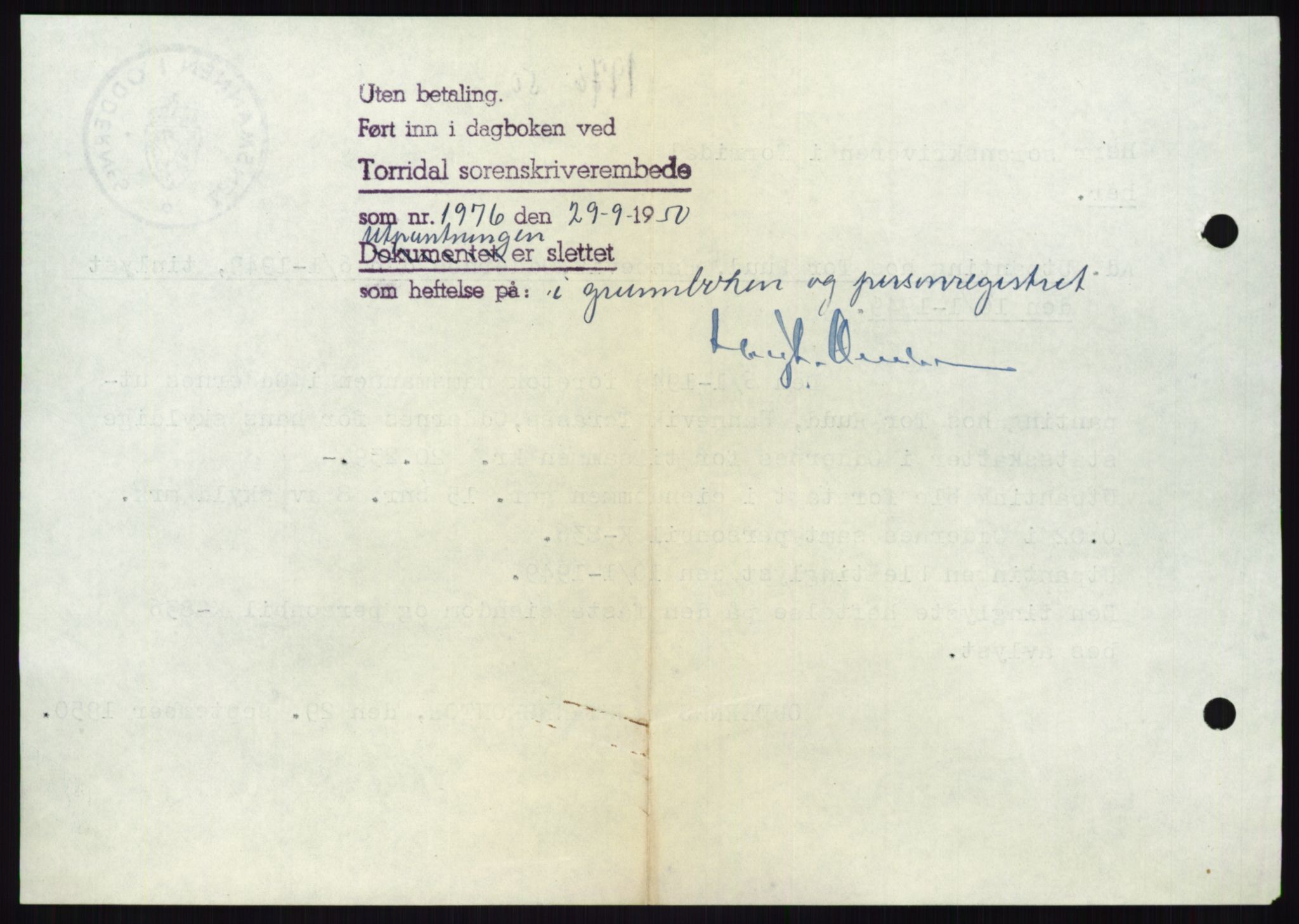 Torridal sorenskriveri, AV/SAK-1221-0012/G/Gb/Gbb/L0020: Mortgage book no. 63B, 1950-1950, Diary no: : 1976/1950