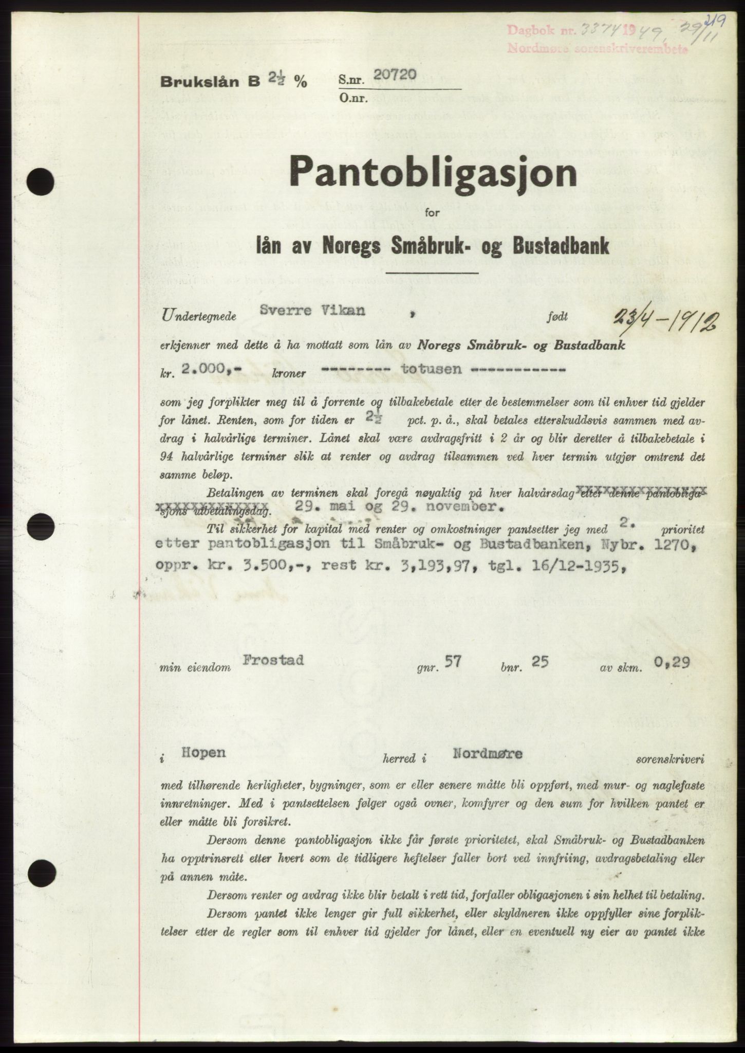 Nordmøre sorenskriveri, AV/SAT-A-4132/1/2/2Ca: Mortgage book no. B103, 1949-1950, Diary no: : 3374/1949