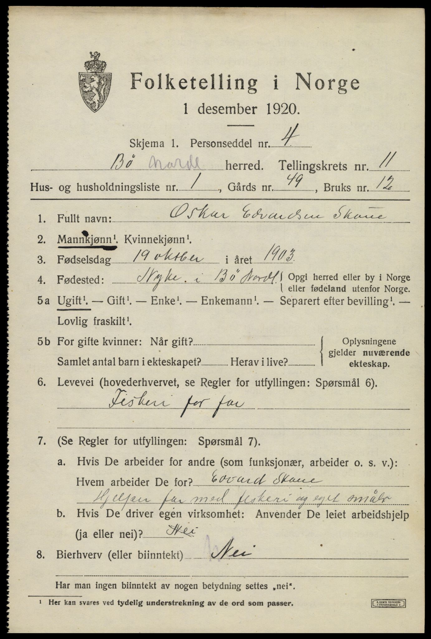 SAT, 1920 census for Bø, 1920, p. 9990