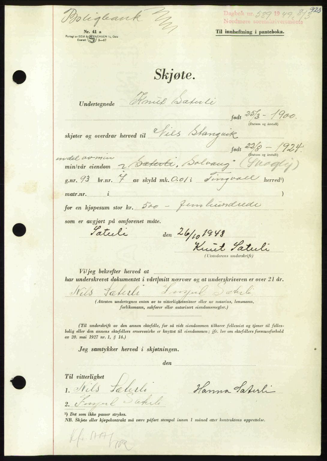 Nordmøre sorenskriveri, AV/SAT-A-4132/1/2/2Ca: Mortgage book no. A110, 1948-1949, Diary no: : 589/1949