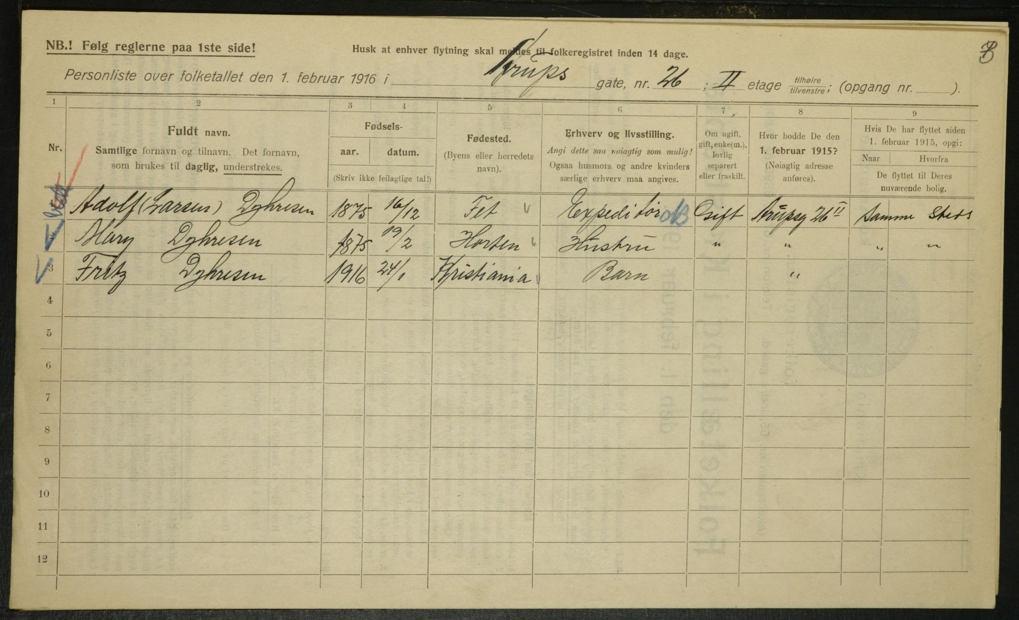 OBA, Municipal Census 1916 for Kristiania, 1916, p. 2597