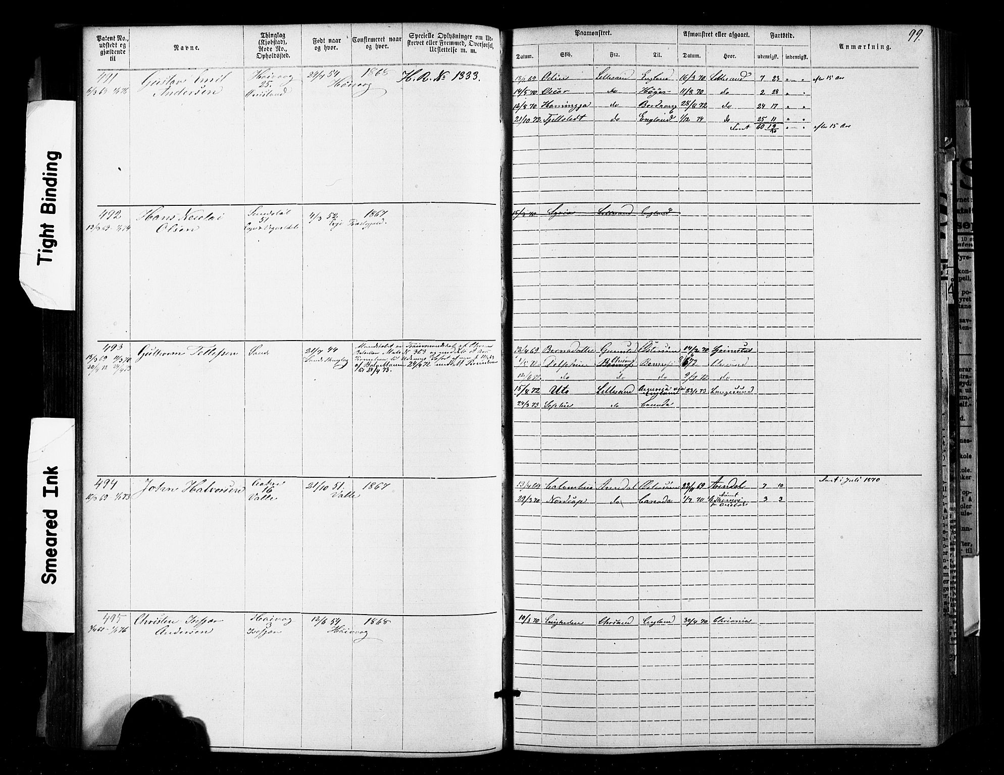 Lillesand mønstringskrets, SAK/2031-0014/F/Fa/L0002: Annotasjonsrulle nr 1-1910 med register, W-8, 1868-1891, p. 102