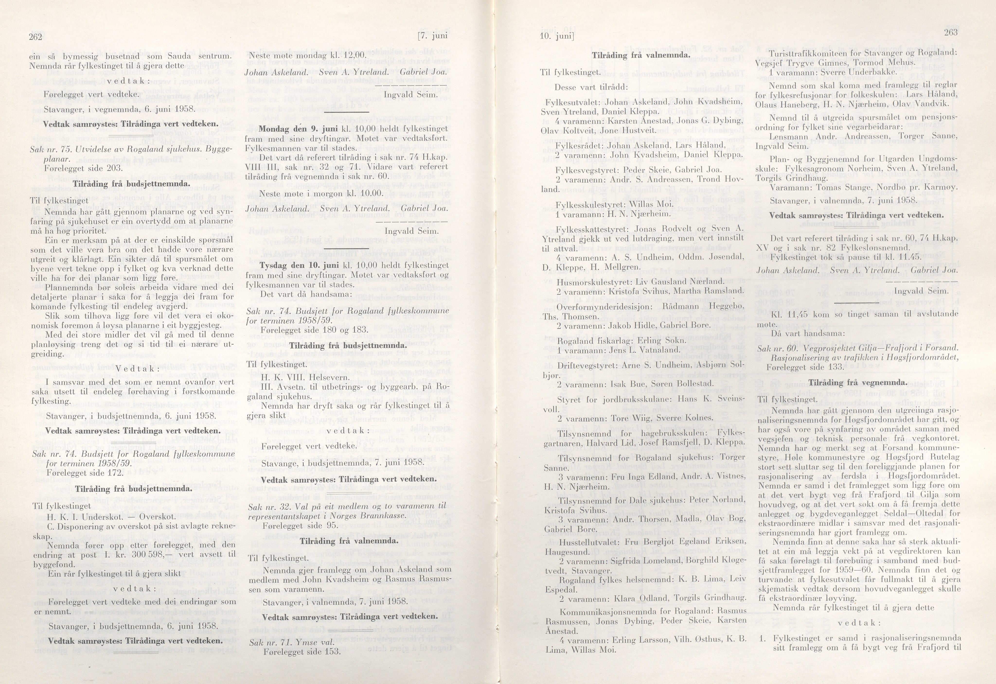 Rogaland fylkeskommune - Fylkesrådmannen , IKAR/A-900/A/Aa/Aaa/L0077: Møtebok , 1958, p. 262-263