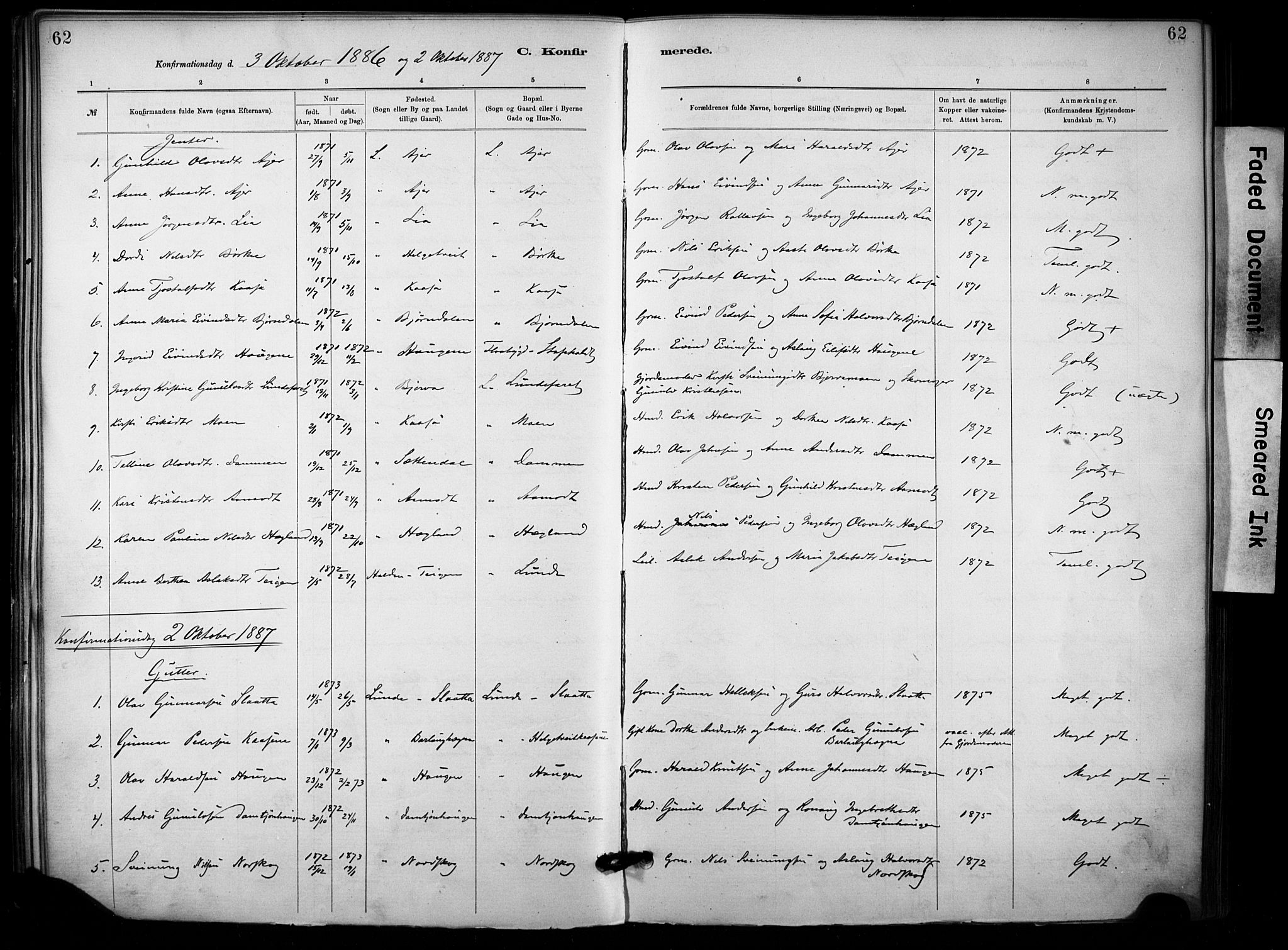Lunde kirkebøker, SAKO/A-282/F/Fa/L0002: Parish register (official) no. I 2, 1884-1892, p. 62