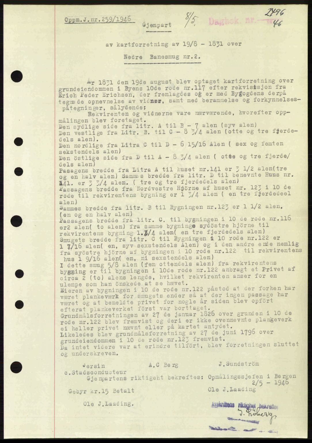 Byfogd og Byskriver i Bergen, SAB/A-3401/03/03Bc/L0022: Mortgage book no. A18, 1946-1946, Diary no: : 2496/1946
