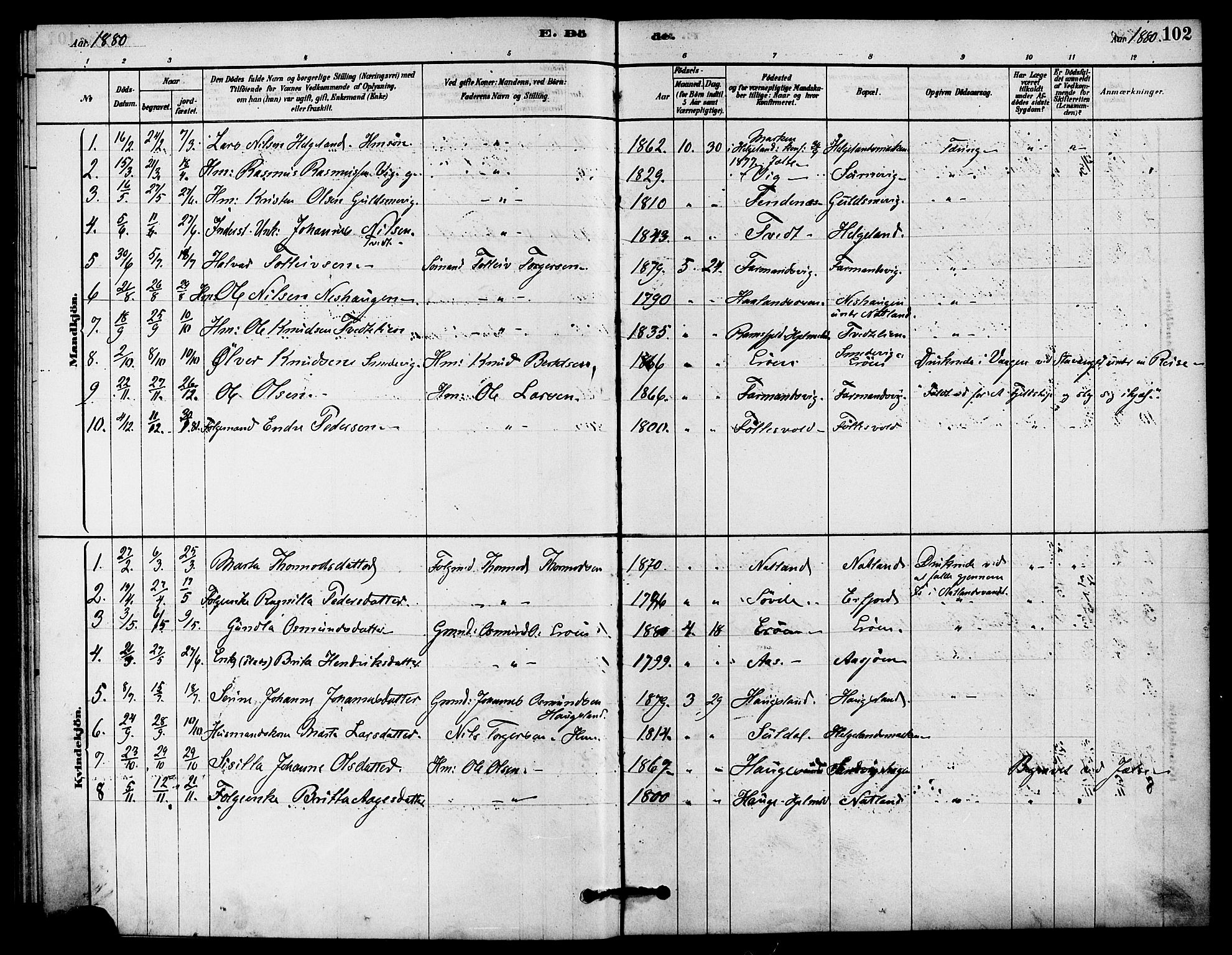 Jelsa sokneprestkontor, SAST/A-101842/01/IV: Parish register (official) no. A 9, 1878-1898, p. 102