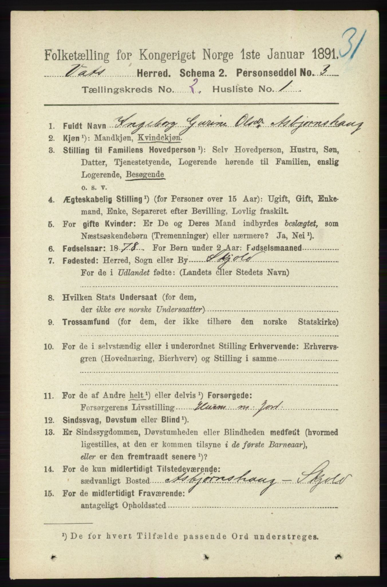 RA, 1891 census for 1155 Vats, 1891, p. 210