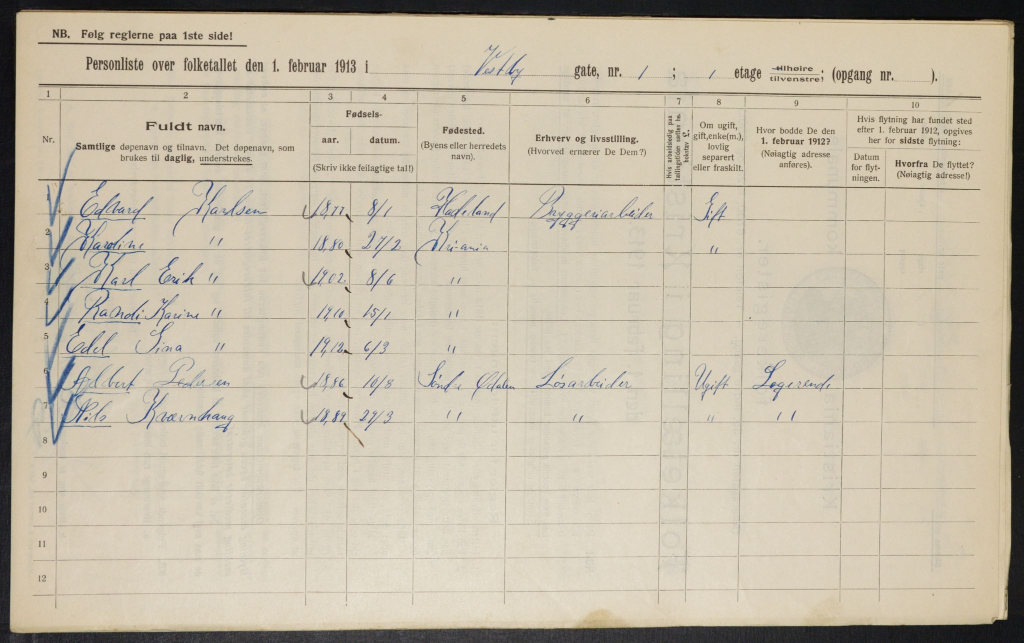 OBA, Municipal Census 1913 for Kristiania, 1913, p. 122169