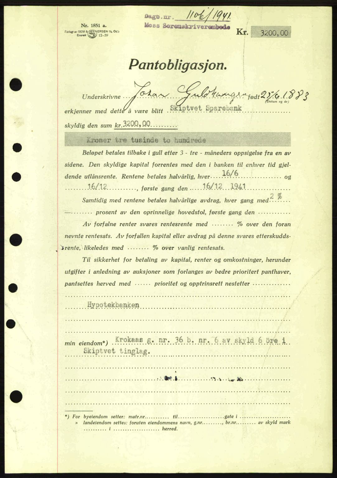 Moss sorenskriveri, SAO/A-10168: Mortgage book no. B10, 1940-1941, Diary no: : 1106/1941