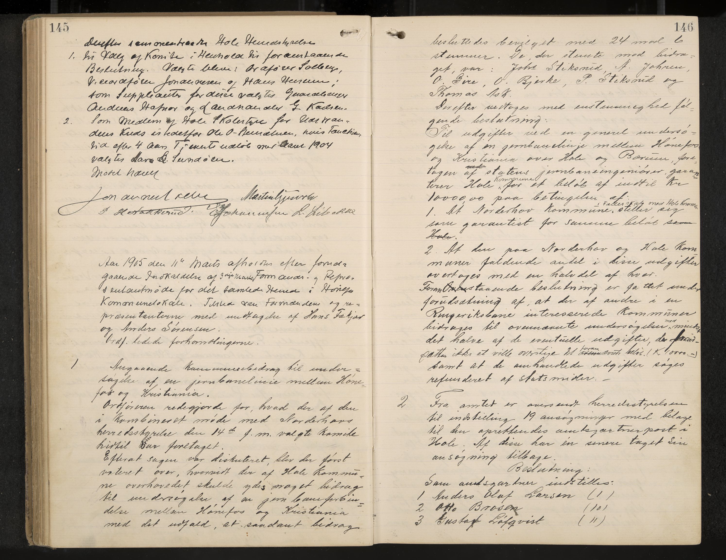 Hole formannskap og sentraladministrasjon, IKAK/0612021-1/A/Aa/L0004: Møtebok med register, 1902-1910, p. 145-146