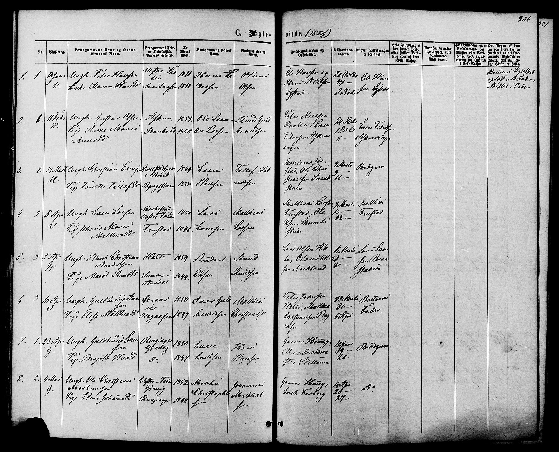 Vardal prestekontor, SAH/PREST-100/H/Ha/Haa/L0007: Parish register (official) no. 7, 1867-1878, p. 246
