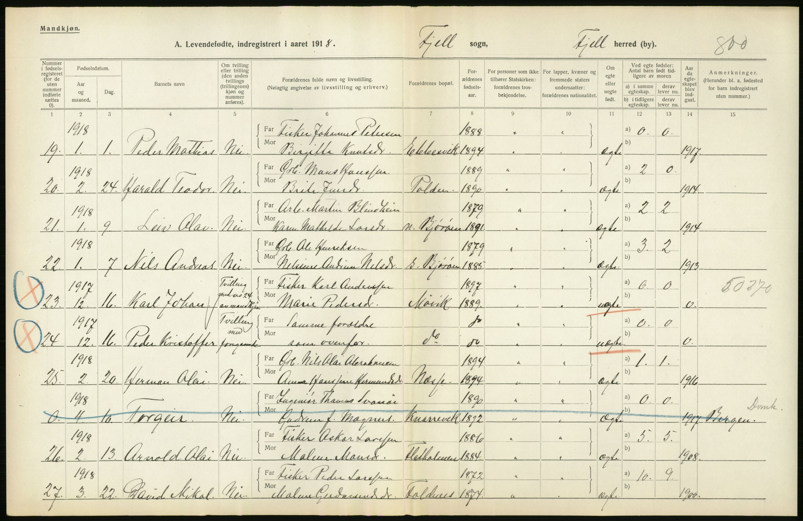 Statistisk sentralbyrå, Sosiodemografiske emner, Befolkning, RA/S-2228/D/Df/Dfb/Dfbh/L0034: Hordaland fylke: Levendefødte menn og kvinner. Bygder., 1918, p. 14