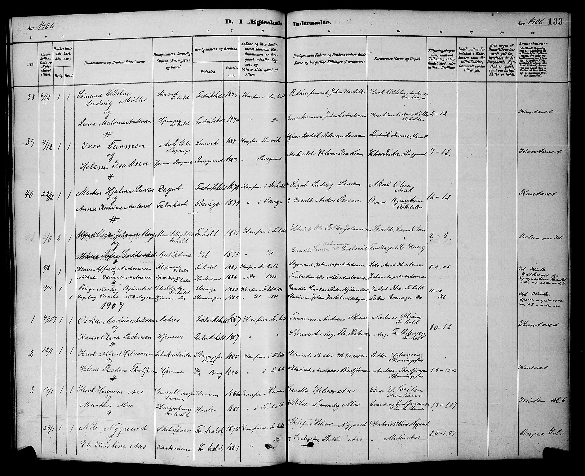 Halden prestekontor Kirkebøker, SAO/A-10909/G/Ga/L0009: Parish register (copy) no. 9, 1885-1908, p. 133