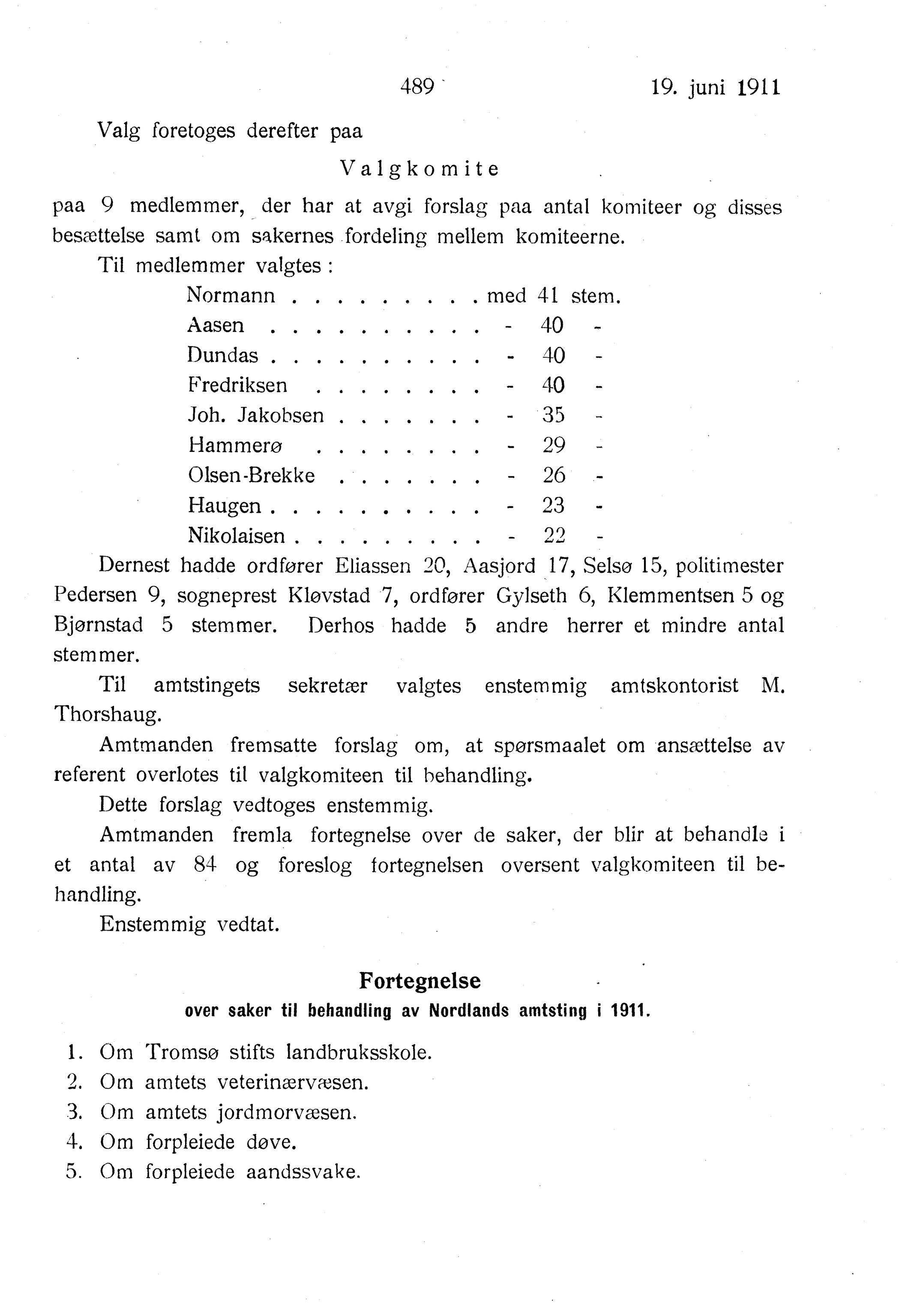 Nordland Fylkeskommune. Fylkestinget, AIN/NFK-17/176/A/Ac/L0034: Fylkestingsforhandlinger 1911, 1911, p. 489