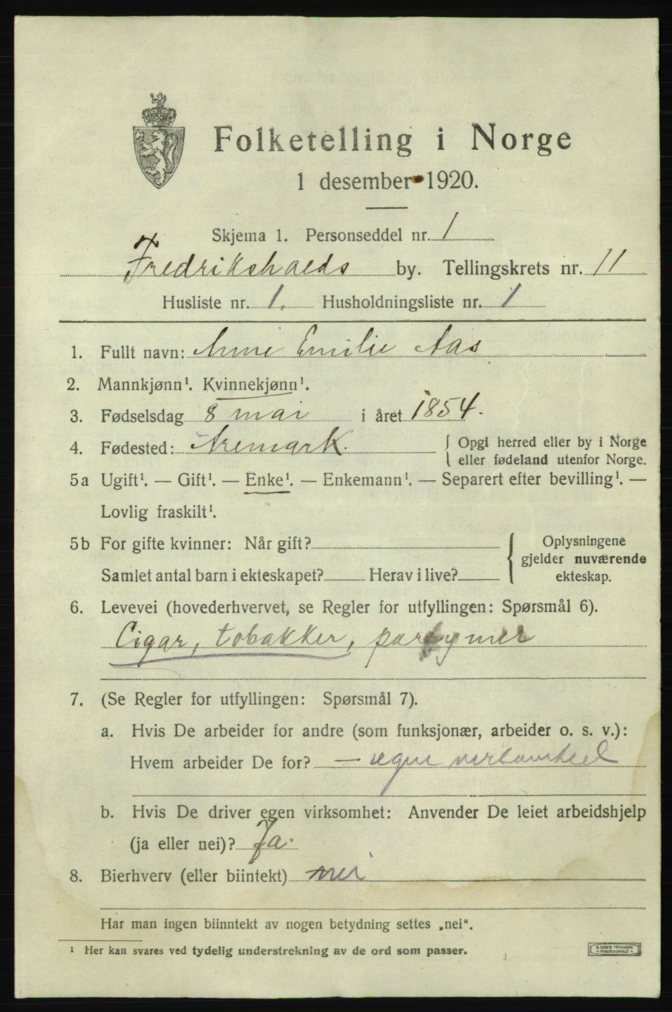 SAO, 1920 census for Fredrikshald, 1920, p. 18731