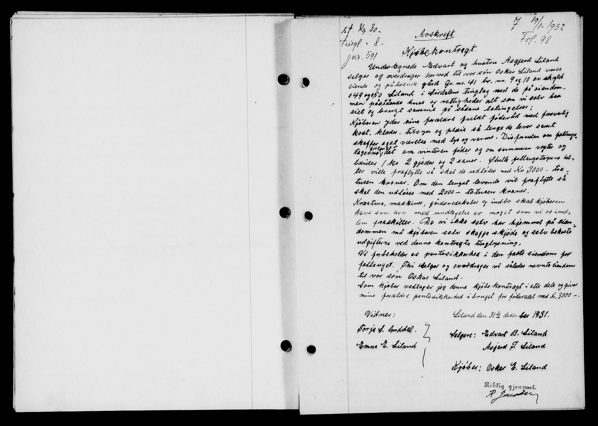 Flekkefjord sorenskriveri, SAK/1221-0001/G/Gb/Gba/L0047: Mortgage book no. 45, 1931-1932, Deed date: 19.01.1932